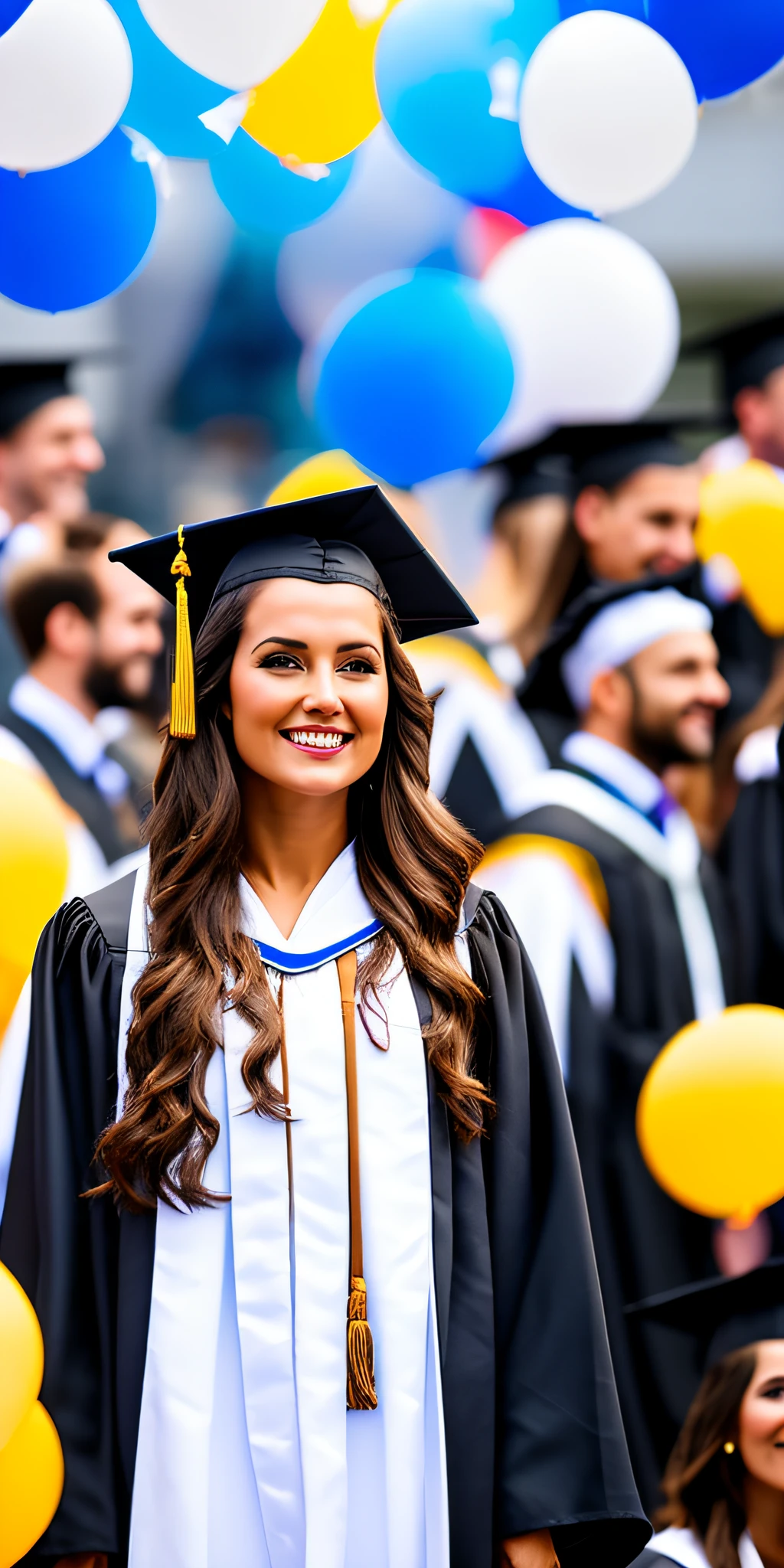 Ultra-realistic photography, dslr, one 26-year-old white girl with brown hair, brown eyes, medium tanned skin, very happy smile, celebration, blue and black graduation gown and hood, graduation ceremony with several other graduating people at the back, daytime, SONY 85mm, exquisite rendering, (long shot), high quality, soft lighting, daytime, looking slightly upwards, pieces of paper thrown up in the air