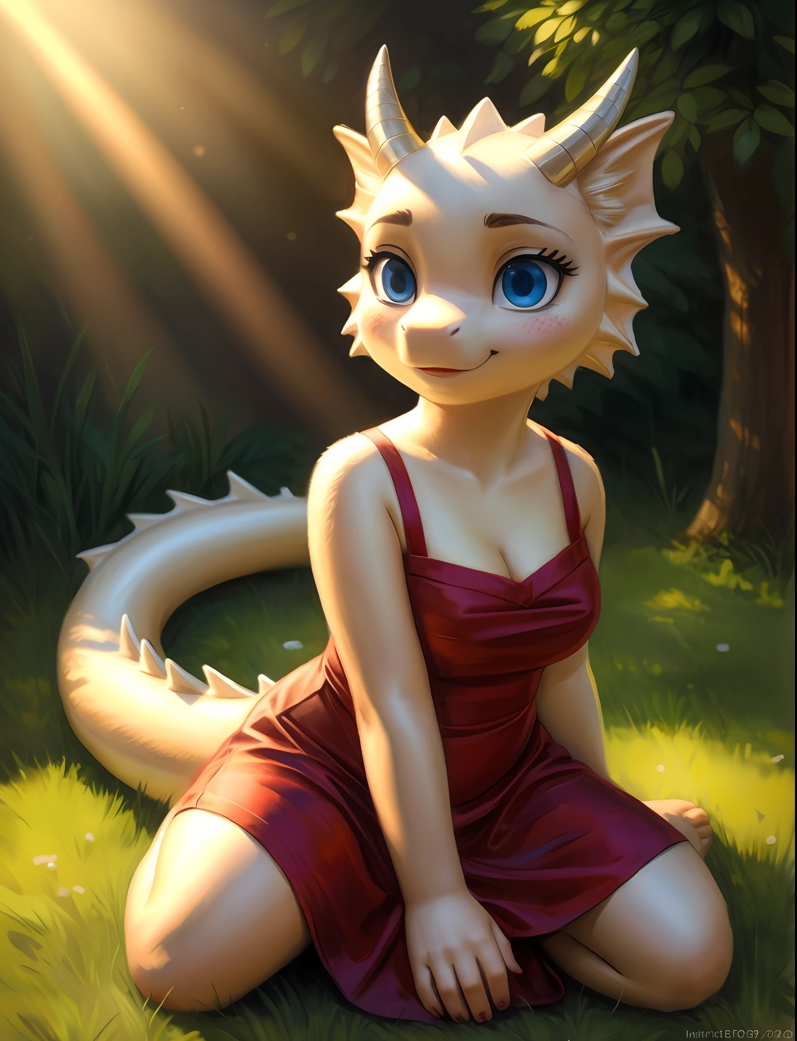 uploaded on e621, (by Kenket:0.4),(by Arthur Lismer:0.6), (by pixelsketcher:0.8), BREAK, anthro female (dragon:1.3) wearing a long red dress perfect breasts, sitting in a garden, background in the style of studio ghibli, happy, cinematic lighting, scalie, (detailed big blue eyes:1.2),(detailed skin, detailed scale texture:1.2), first person view, BREAK, (cute, round face, chibi:1.2), ivory horns, from side, professional photoshoot, detailed background, undressing, partially clothed, sexy, (realistic image:1.2), (photograph:1.3),photorealistic, hyperrealistic, sharp focus, perfect lighting, studio lighting, pink, kneeling, (half-closed eyes, alluring face:1.2),