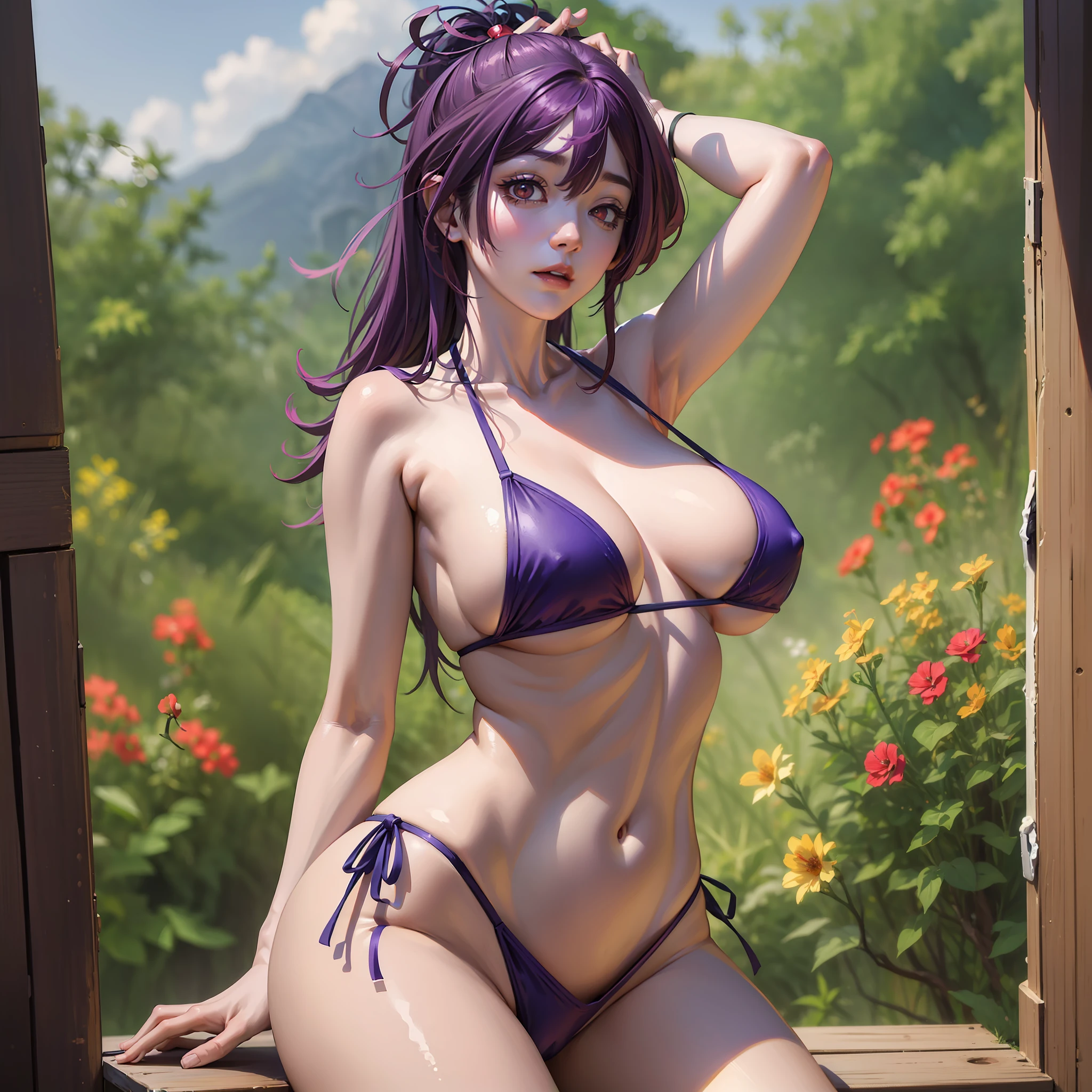 masterpiece, (photorealistic:1.4), best quality, beautiful lighting, (ulzzang-6500:0.5), RAW photo, 8k uhd, huge breasts, micro bikini, ((perfect female figure)), narrow waist, beautiful face, yuzuriha_(jigokuraku), purple hair, brown eyes, ninja, narrow waist, looking at viewer, seductive posture, sexy pose