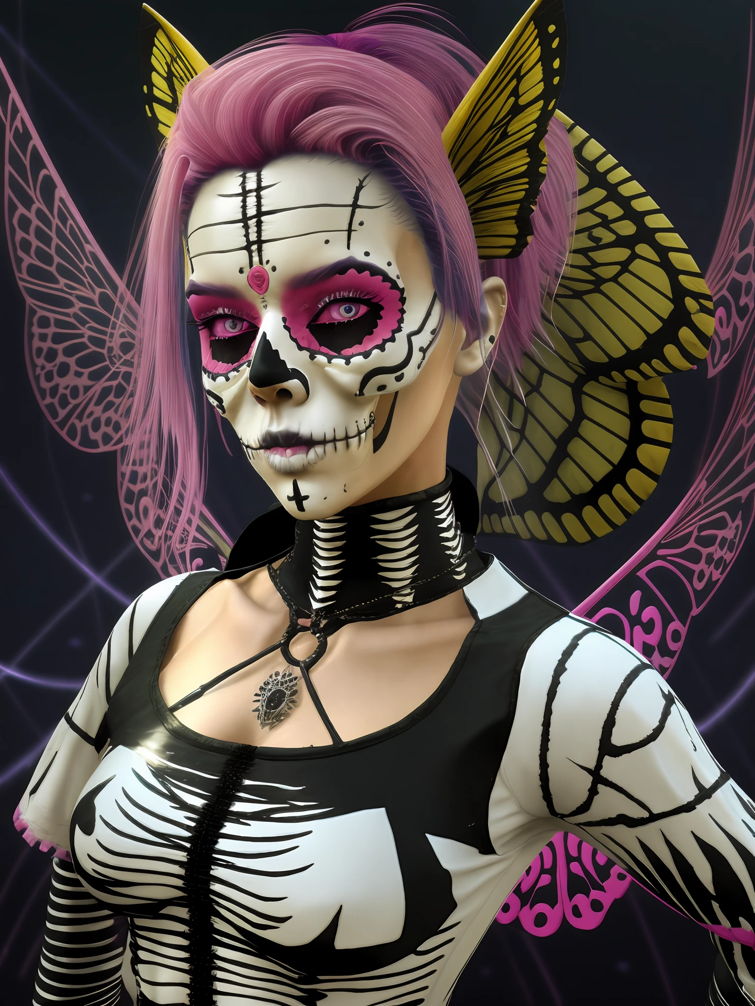 Second Life, ((demonic, calavera, sugar skull makeup, exo skeleton, moth wings, wings, kawaii horror, poltergeist moth)), 1girl, ((two tone hair, multicolored hair, pink hair, blue hair, white streaks, yellow streaks, wild hair, curly hair)), (zentangle, mandala, tangle, chaos, disorder, spider webs, entangle:0.6), curly hair , wild hair, yellow eyes ,yellow choker necklace, white tshirt, jeans, denim jacket, eye symbol, black leggings , demonic moth , spider webs, wet , wet clothes, vampire teeth , black cape , roses, lillies, lily of the valley, cyberpunk, fantasy, full-face blush, human fingers , city background , flying, white body paint , cyberpunk background , wires, electrical wires, top , black skirt , black shirt, tonemapping, specular highlights,