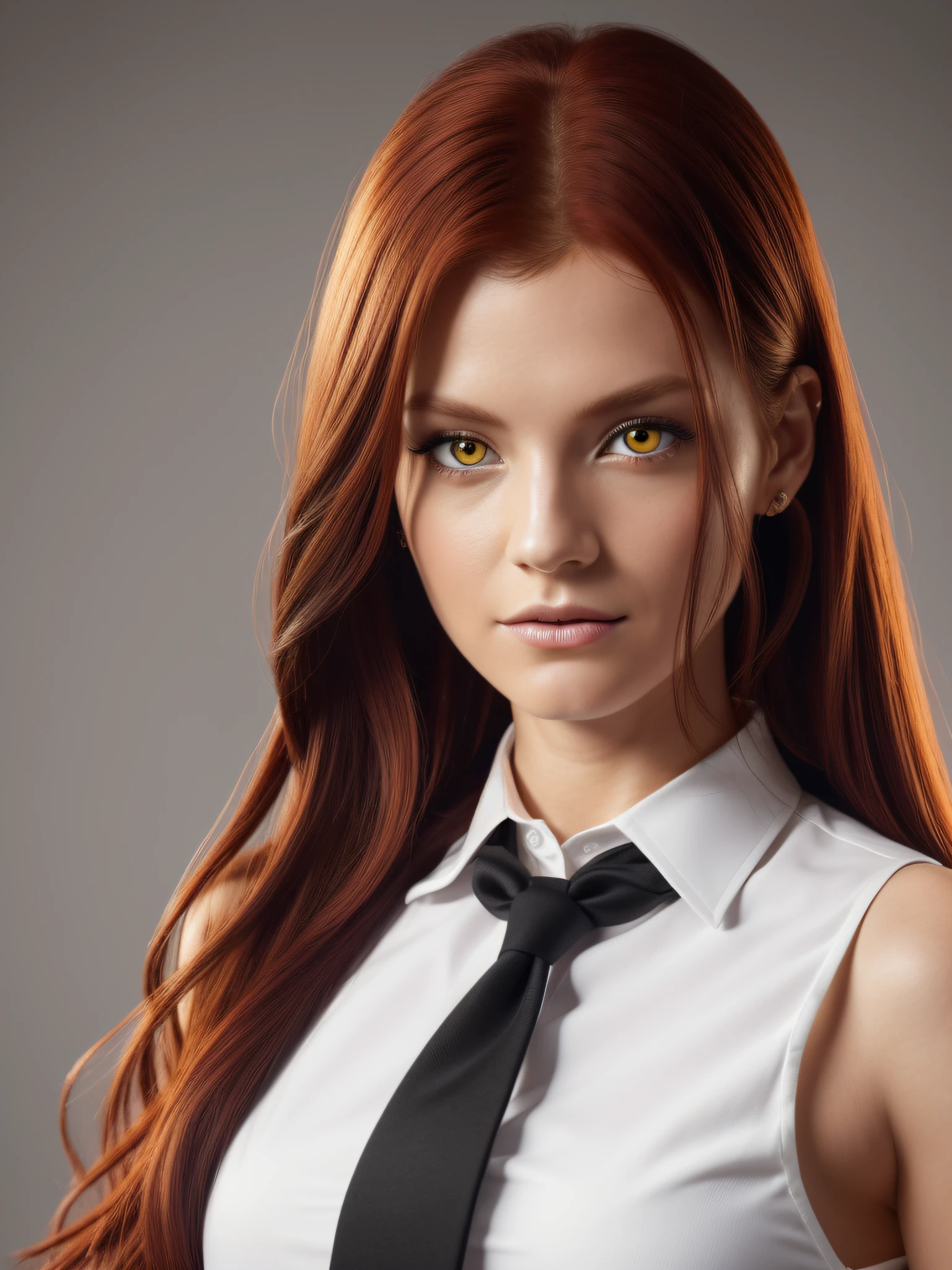 add_detail:1, realistic image of Makima wearing white dress shirt and black tie, (red-haired woman with yellow eyes), (pose facing the image), white background, white as background, add_detail: long hair stuck, add_detail: woman wearing long black tie, distant image, full body image