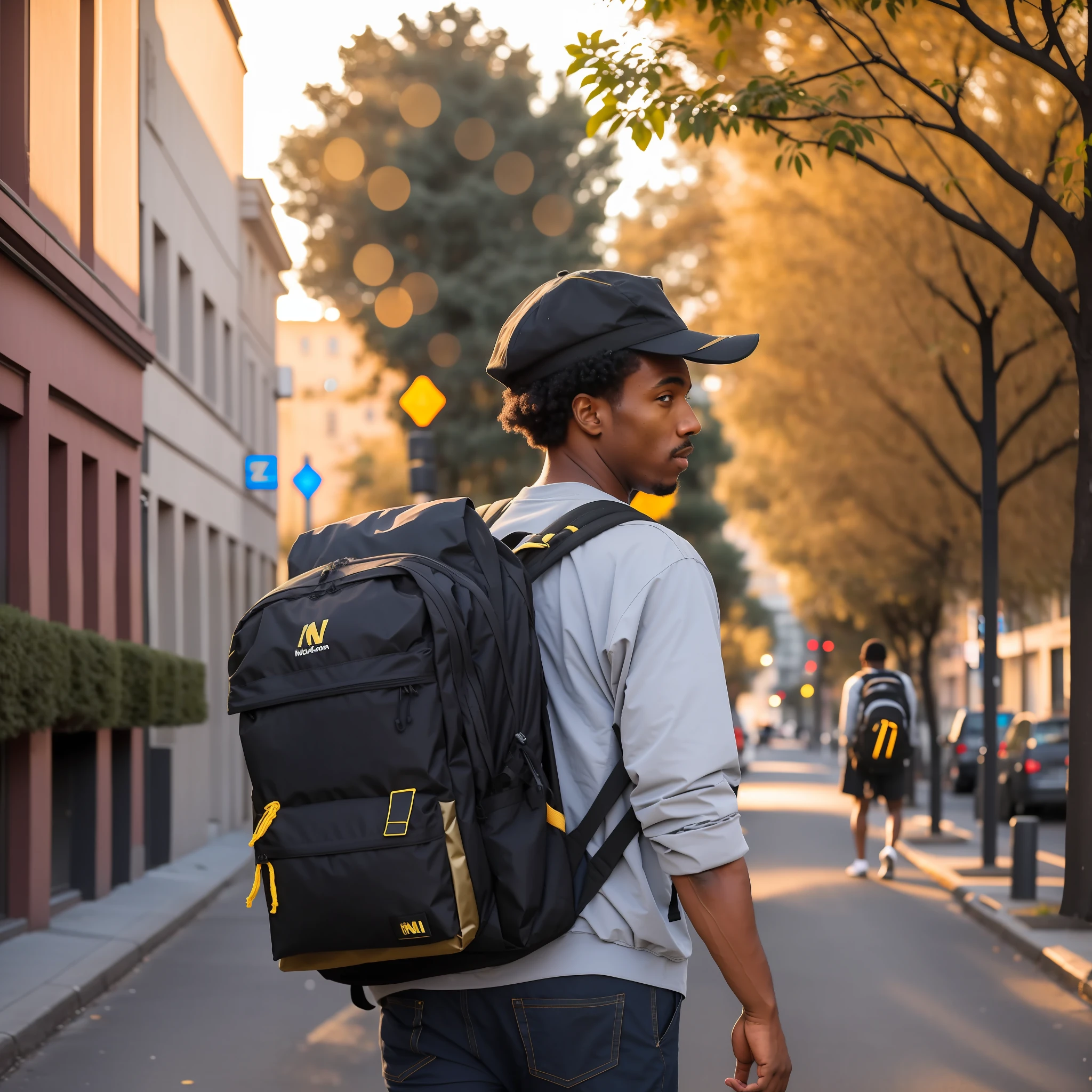 Black man walking down a street with a backpack on his back, with a backpack, a black man wearing a backpack, the black man has a backpack, 8K 50mm ISO 10, with backlight, on the city street, at night, on a street, morning golden hour, filmed on the Nikon Z9, in an urban setting