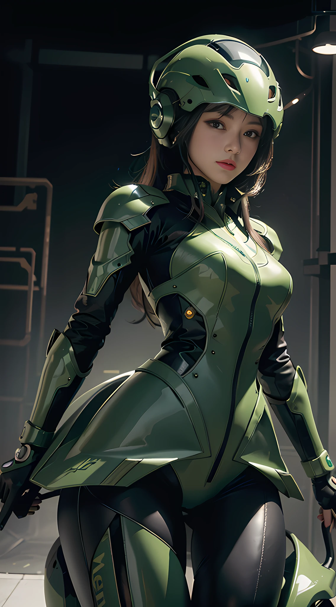 Highest image quality, outstanding details, ultra-high resolution, (realism: 1.4), the best illustration, favor details, highly condensed 1girl, with a delicate and beautiful face, dressed in a black and green mecha, wearing a mecha helmet, holding a directional controller, riding on a motorcycle, the background is a high-tech lighting scene of the future city.