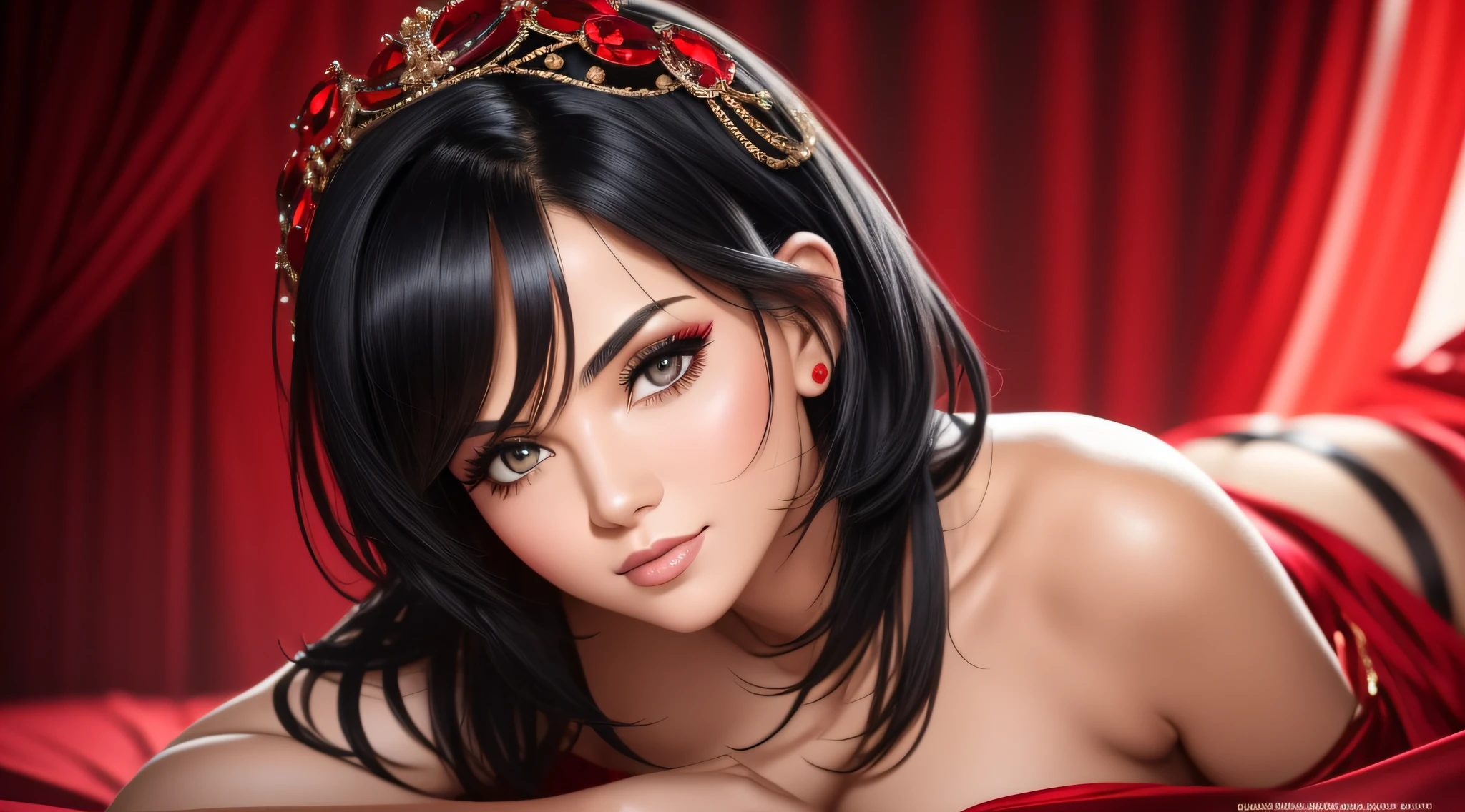 a close up of a woman, small breasts, short messy black hair, in elaborate red robe, posing for a picture on a bed, sexy look, sexy body, sexy girl, full body photo shoot, sexy pose, sexy look at the camera, very sexy, modest outfit