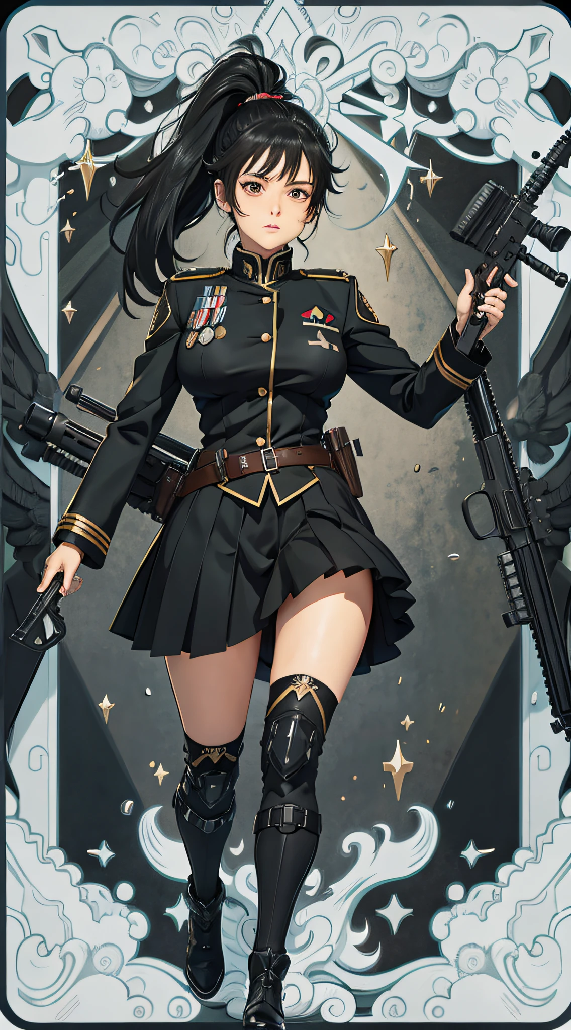 Black hair. Ponytail. Black eyes. Black military uniform. Weapon is a rifle. Anime girl. Magical girl. Double teeth. High quality. Perfect body. Large breasts. The Hanged Man, upside down