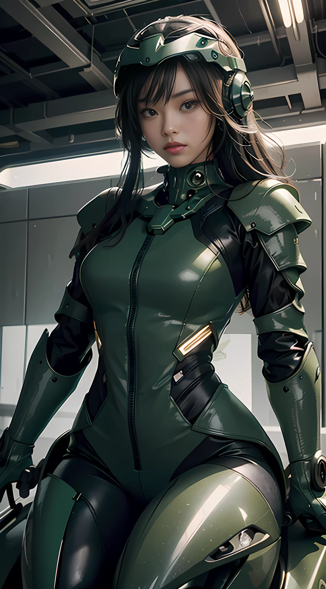 Highest image quality, outstanding details, ultra-high resolution, (realism: 1.4), the best illustration, favor details, highly condensed 1girl, with a delicate and beautiful face, dressed in a black and green mecha, wearing a mecha helmet, holding a directional controller, riding on a motorcycle, the background is a high-tech lighting scene of the future city.