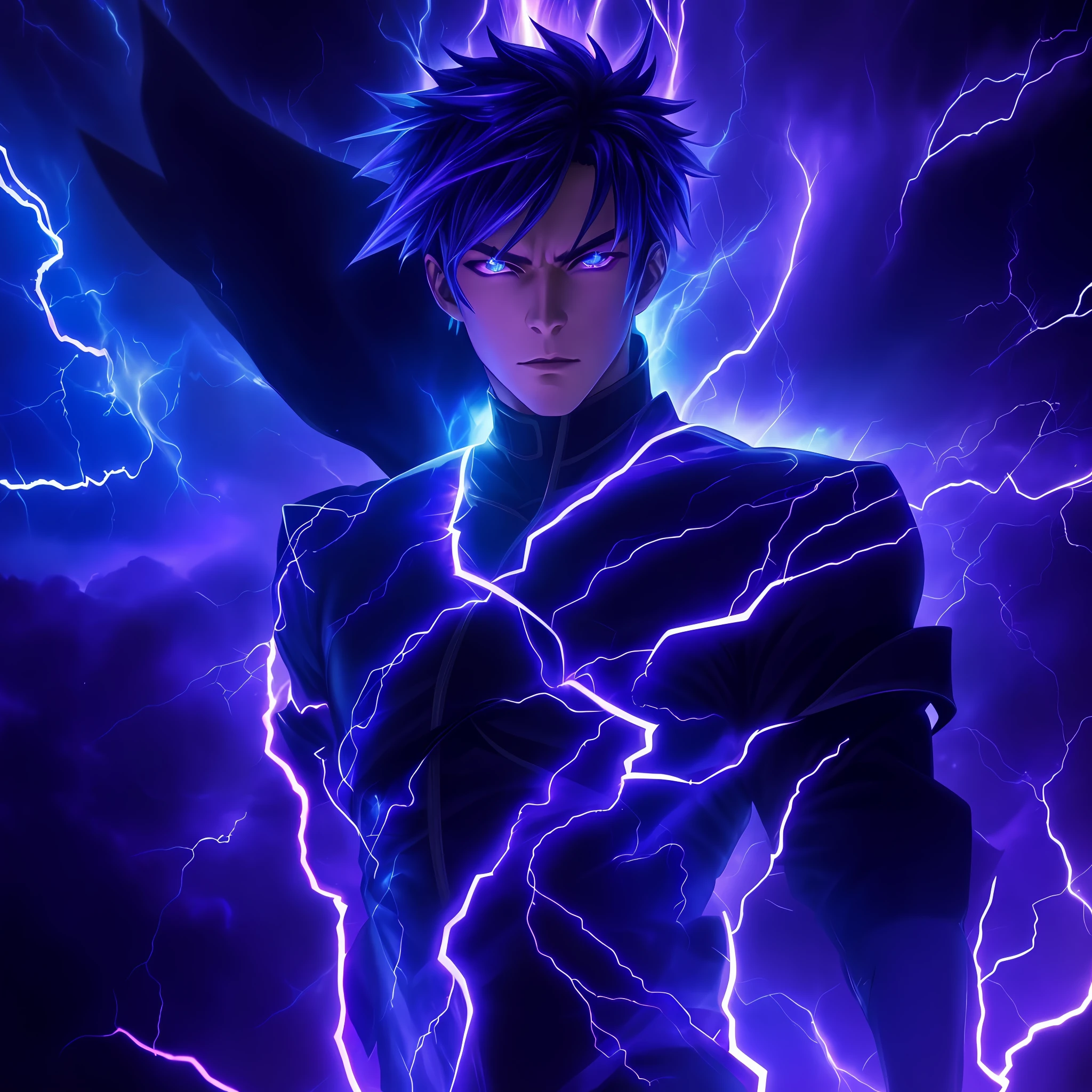 a close-up of a person with a purple and blue background full of lightning, glowing black aura, evil aura, 8k anime, an epic anime of a being with lightning powers, epic anime style, menacing aura, aura of darkness, evolving into his final form, glowing power aura, cosmic power glowing and flourishing, many lightning bolts surrounding the character