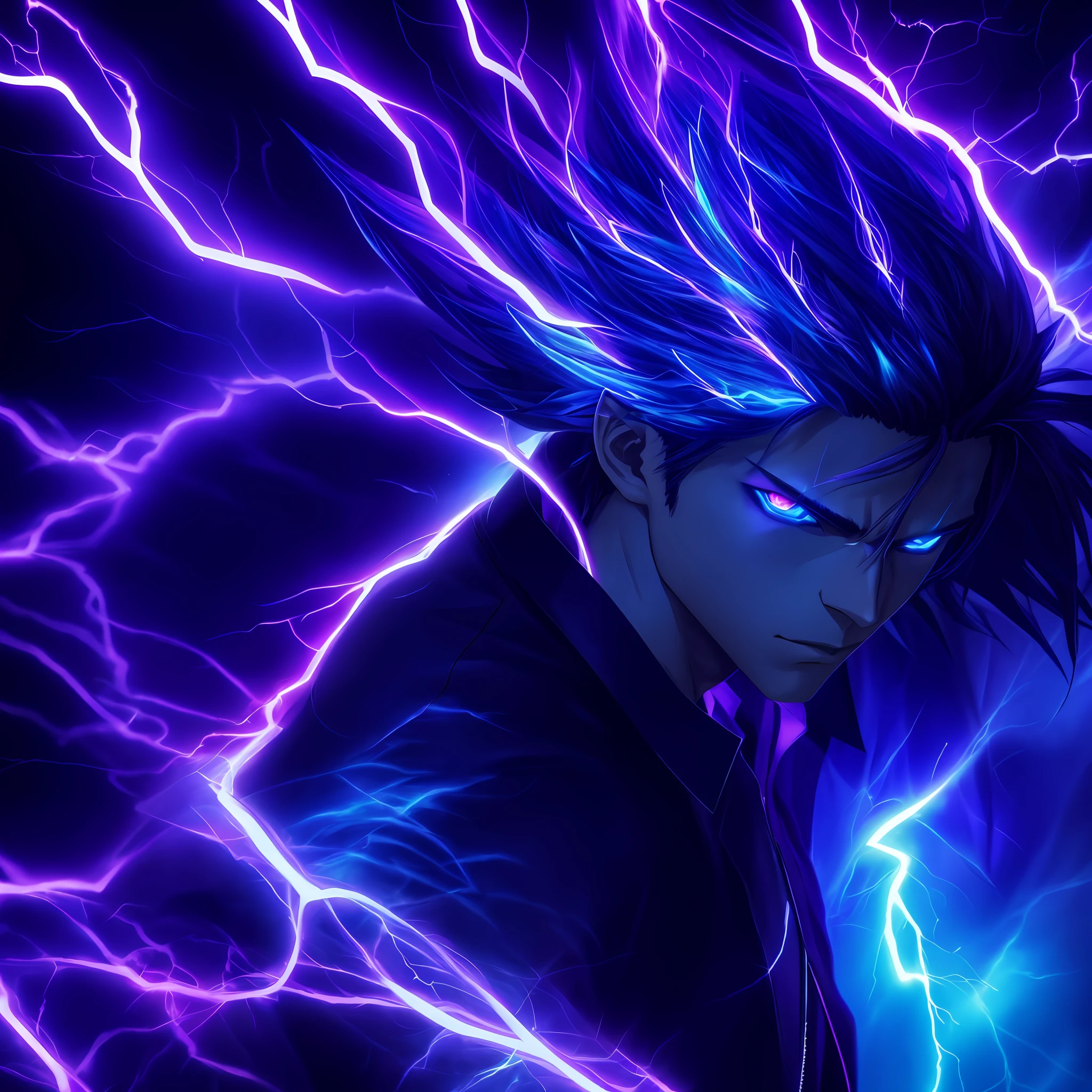 a close-up of a person with a purple and blue background full of lightning, glowing black aura, evil aura, 8k anime, an epic anime of a being with lightning powers, epic anime style, menacing aura, aura of darkness, evolving into his final form, glowing power aura, cosmic power glowing and flourishing, many lightning bolts surrounding the character