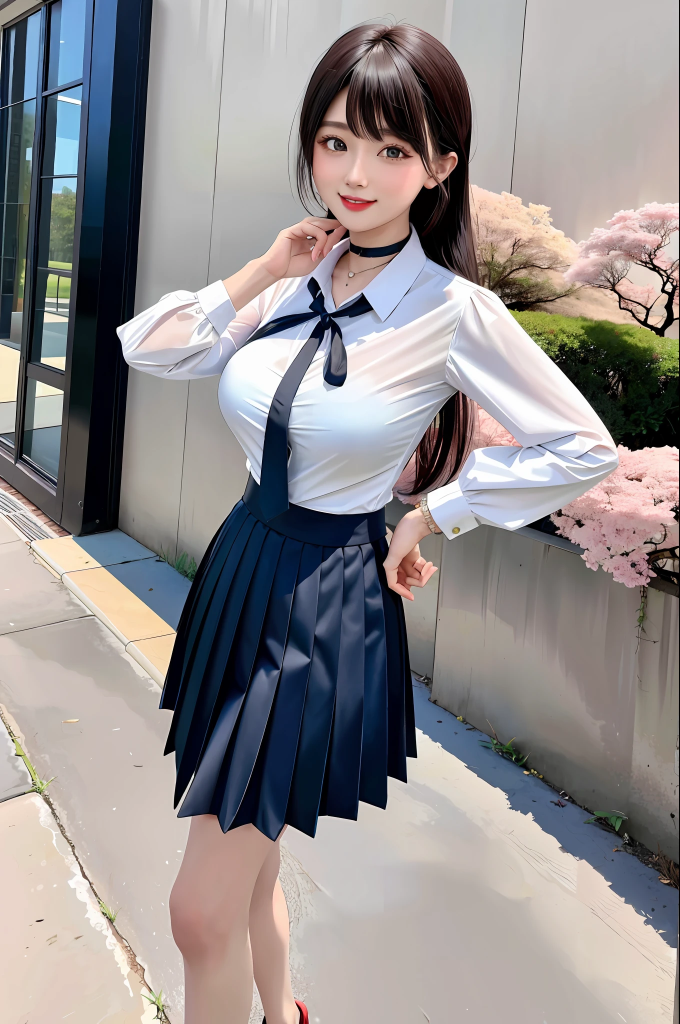 Masterpiece, Superb Piece, Full Body, 1girl, bangs, black choker, Beijing street, black tie, black hair, blue skirt, blush, bracelet, beautiful breasts, big breasts, choker, tunic, collarbone, collared shirt, denim photos, dress shirts, ear piercings, eyebrows visible through hair, gradient hair, grin, gyaru, jewelry, kogal, long hair, looking at the audience, loose ties, ties, piercings, plaid skirts, pleated skirts, red eyes, rings, school uniforms, shirts, skirts, smile, solo, white shirt, street, sky, cherry blossoms, petals, illustration, fashion, woman, vitality, dressing, posing, front