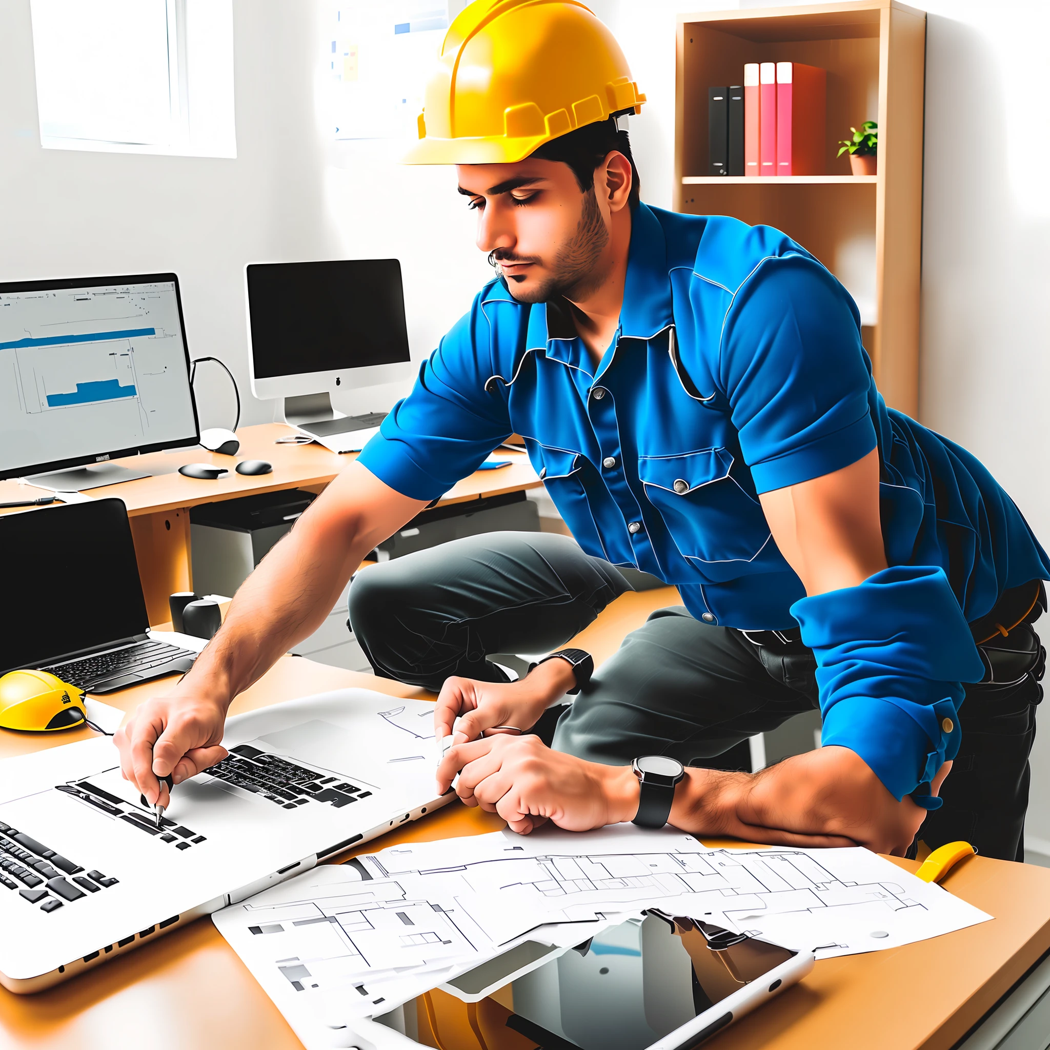 Realistic photo of an engineer doing a project in an office!!