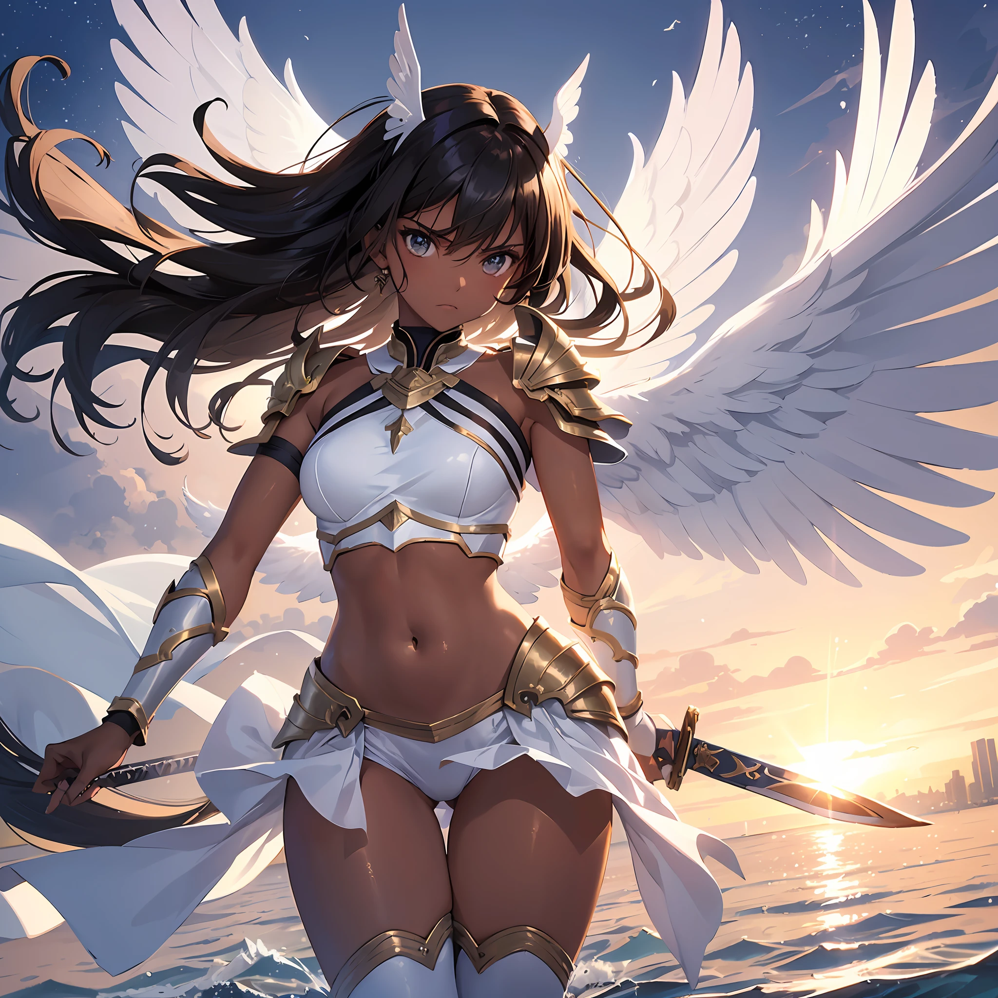 1angel_girl, Teen, brown_hair, medium_hair, (dark_skin)+, bare_shoulder, (bare_navel)0.8, Thigh,silver_shiny_armor, white_clothes,waist_armor, hold_sword_hilt, medium_breasts, angry, shout, dynamic_pose_fighting, floating, (1pair_white_wings), sunrise_city_background,(pelvic_curtain)++, headgear ,slightly_spread_legs,multiple_shiny_swords_floating_ around_the_girl