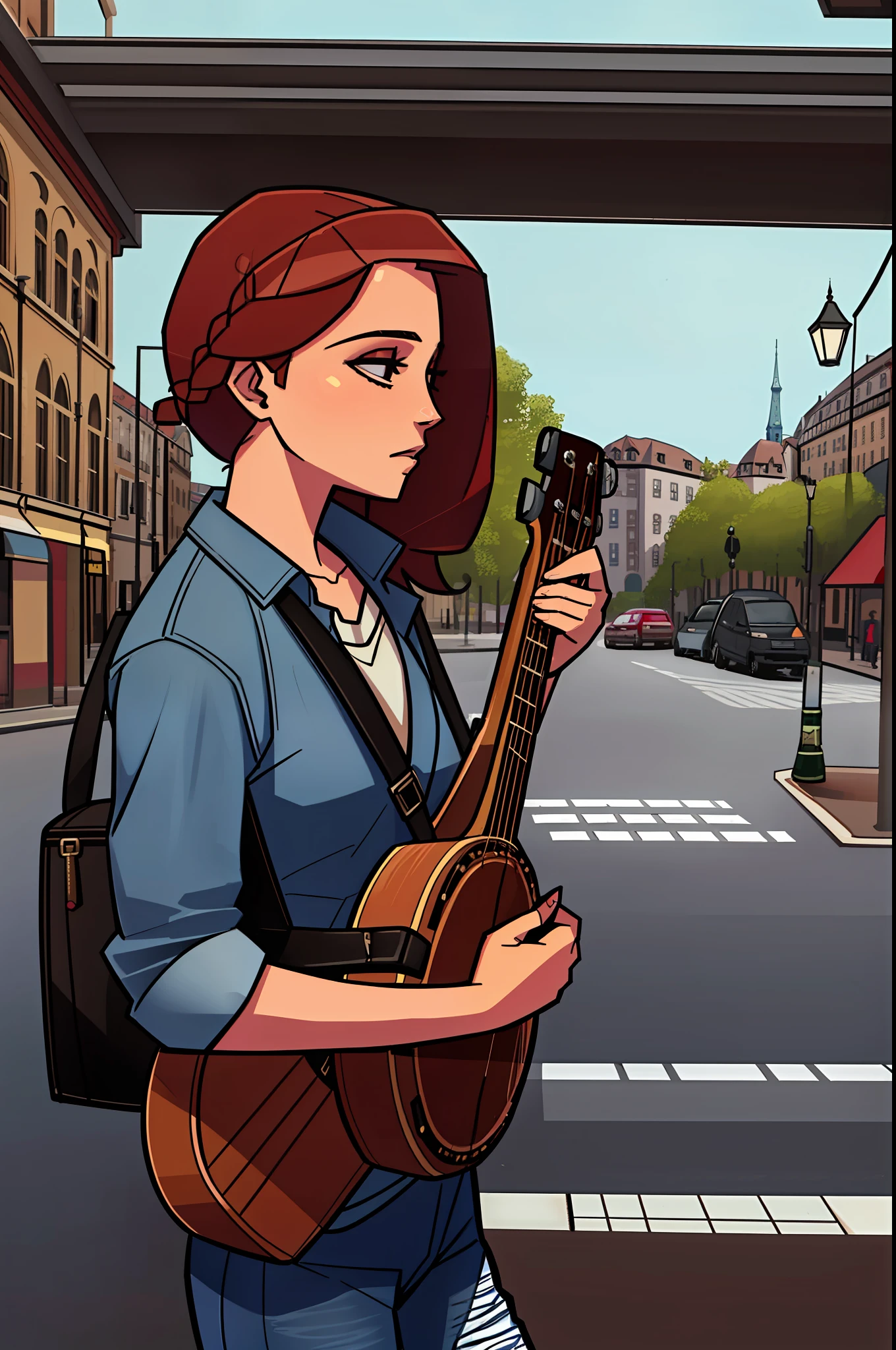 balsamique, masterpiece, best quality, 1girl, solo, busker, (banjo):1.5, street, car, (Luxemburg), flannel, modest chest, ginger hair, braid, torn denim jeans, (empty guitar case):1, (cafe table),