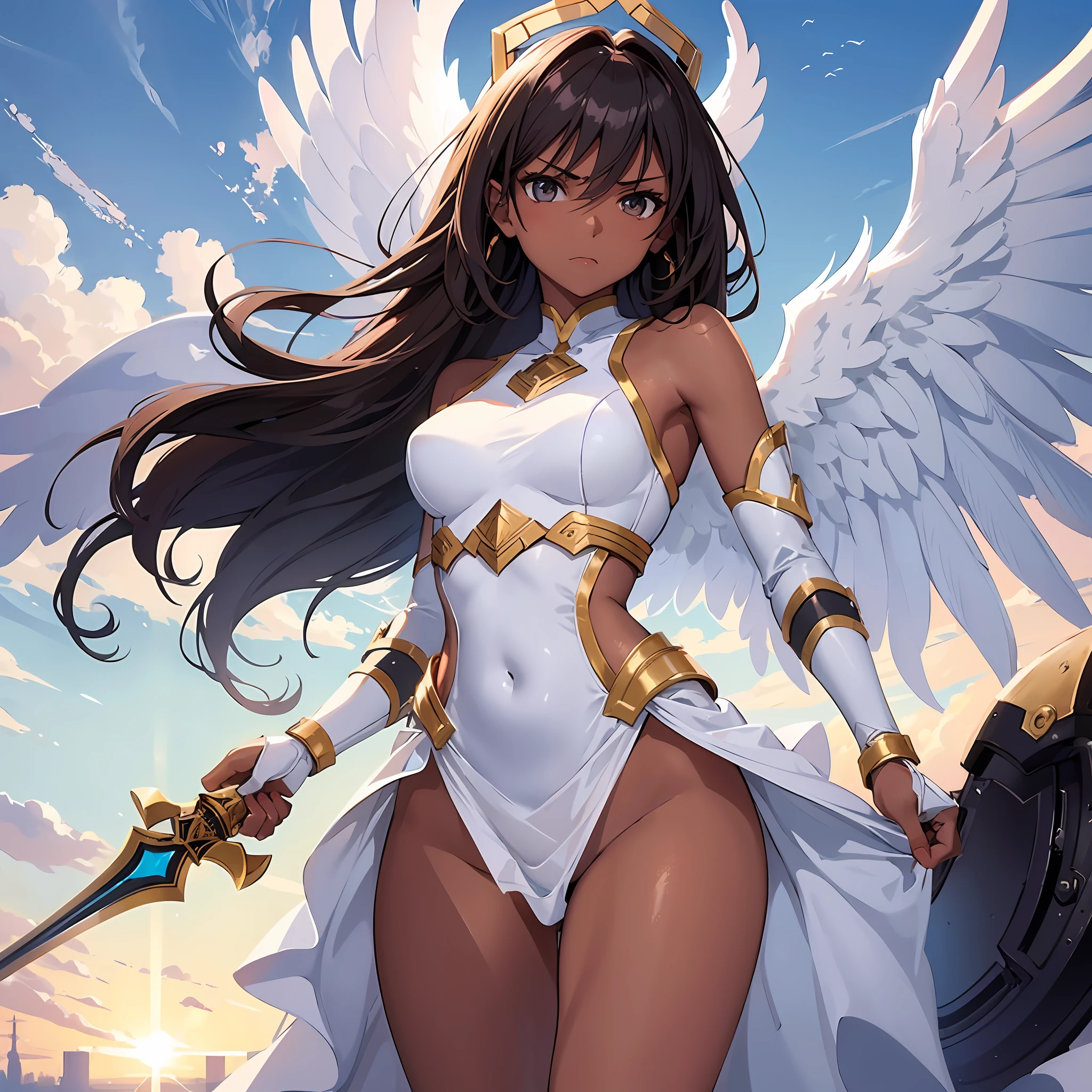 1angel_girl, , brown_hair, medium_hair, (dark_skin)+, bare_shoulder, (bare_navel)0.8, Thigh,silver_shiny_armor, white_clothes,waist_armor, hold_sword_hilt, medium_breasts, angry, shout, dynamic_pose_fighting, floating, (1pair_white_wings), sunrise_city_background,(pelvic_curtain)++, headgear ,slightly_spread_legs,multiple_shiny_swords_floating_ around_the_girl