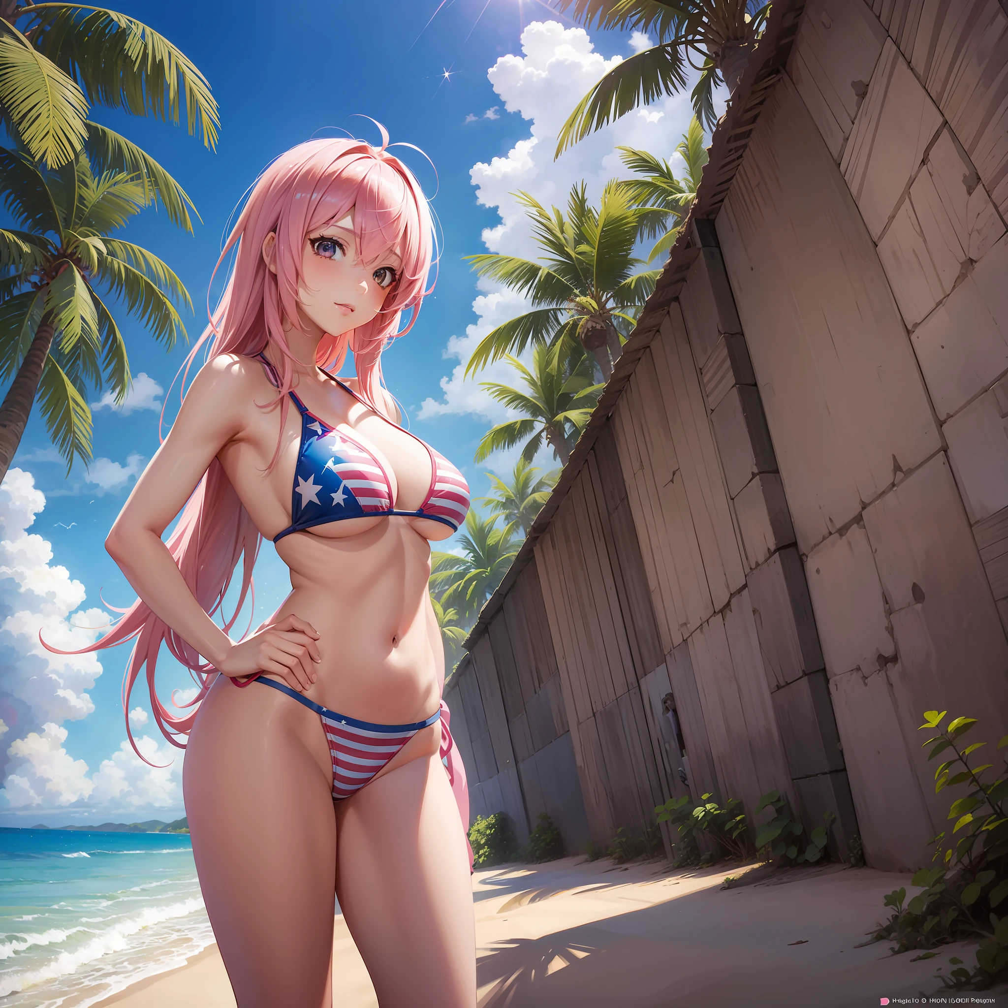Megurine Luka, pink hair, bikini anime girl posing on the beach with palm trees, (stars and stripes bikini), costume: bikini, highest rating on pixiv, popular on pixiv, wearing swimsuit, anime wife, seductive anime girl, ecchi anime style, anime woman full body art, ecchi, pixiv3dcg, one person,