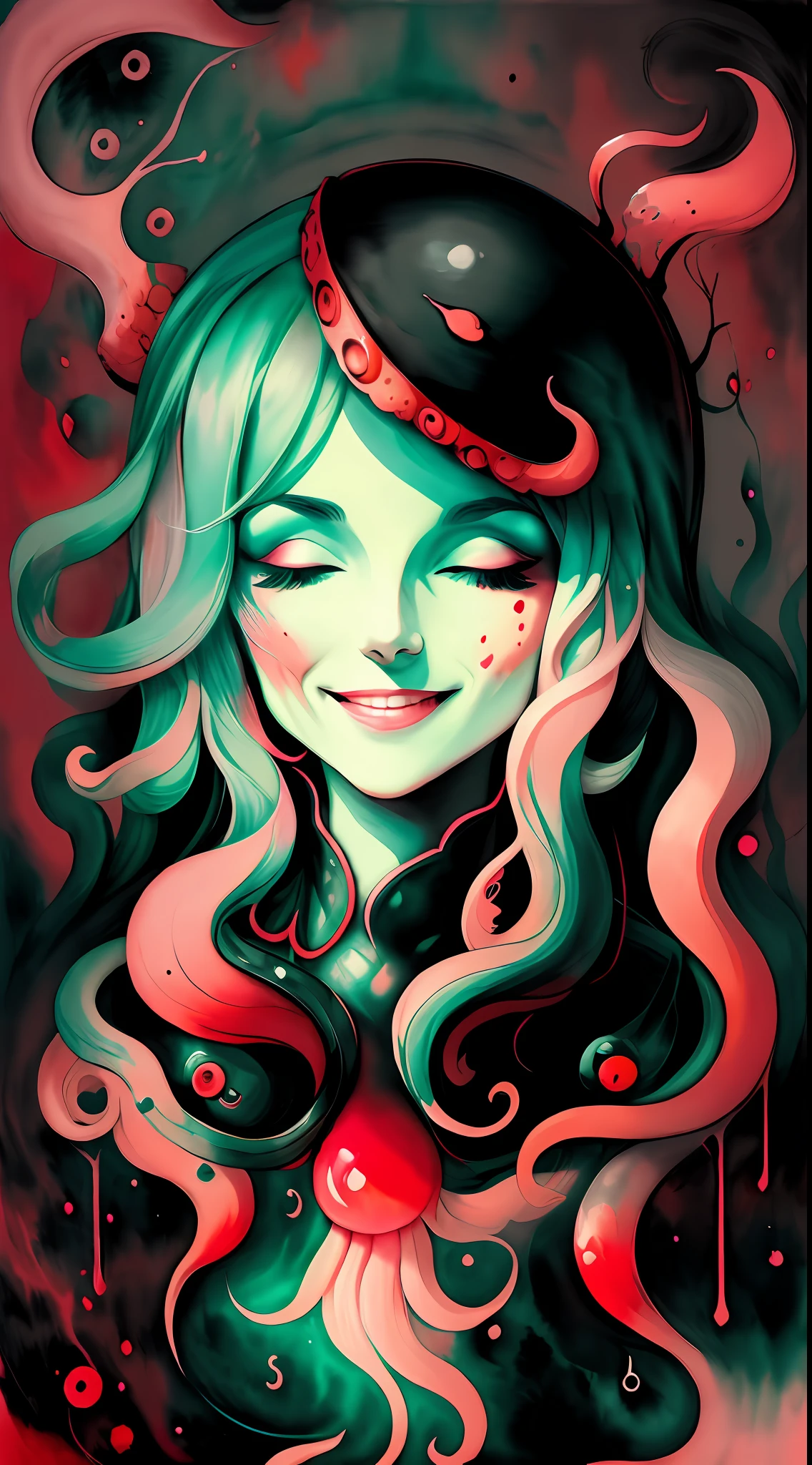 flat,pastel,black and red,1smiling witch surrounded by octopus tentacles,drips,melt,watercolor