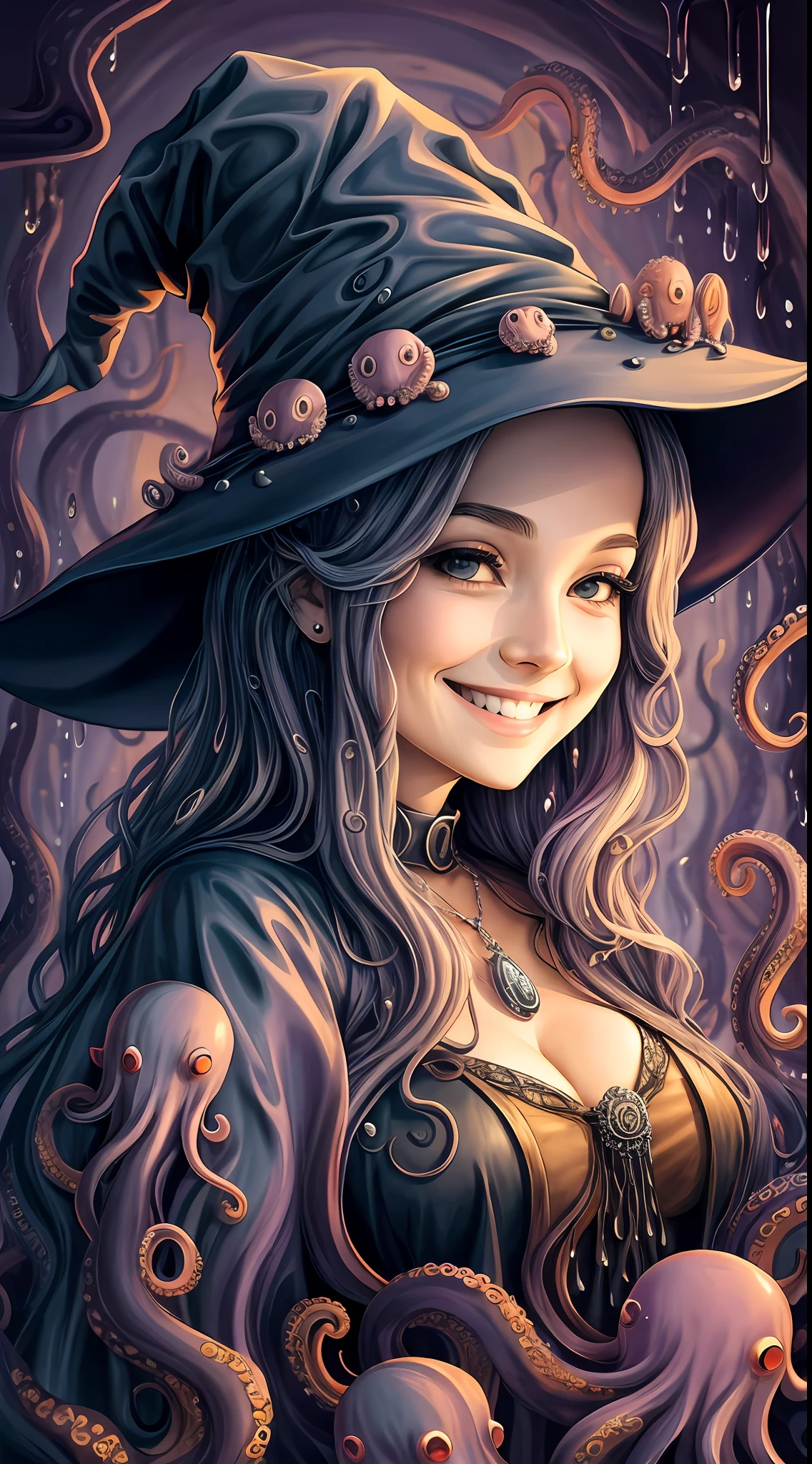 1Smiling witch surrounded by octopus tentacles,drips,melt