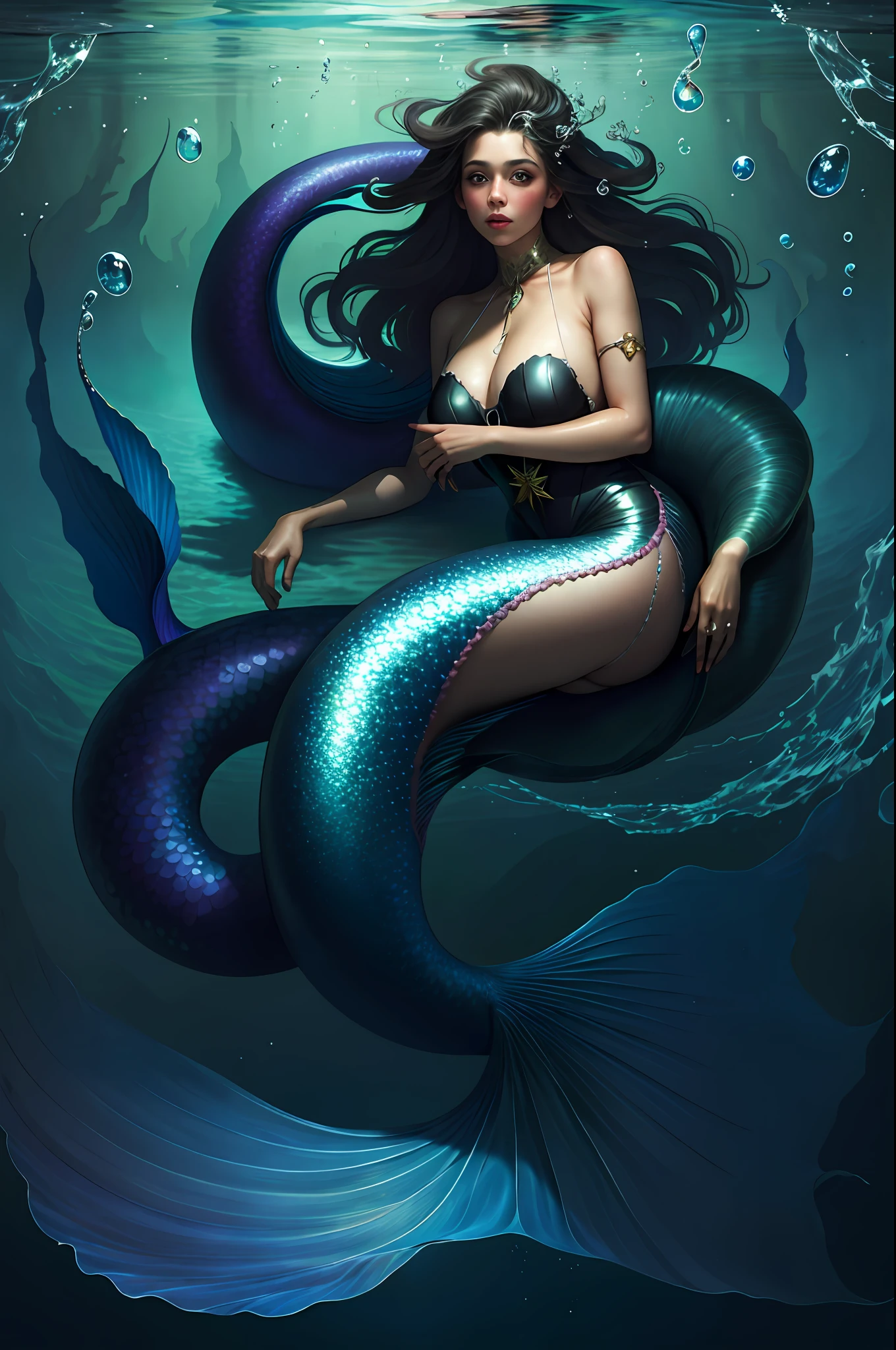 Best quality, masterpiece, ultra high res, (realistic photo: 1.4), surrealism, dreamlike,
1 girl, (MackenzieHyde:0.8), slip dress, fancy art, underwater, bubble,
mermaid, black skin beautiful tail
