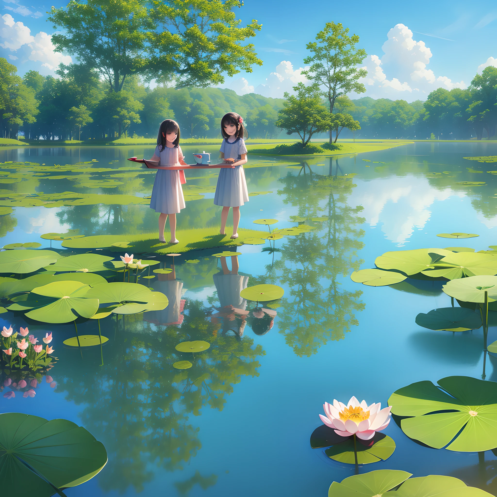 Masterpiece, highest quality, 3 children playing in the lake, there are lotus flowers and other plants in the lake, the sky is blue, there are trees by the lake, birds singing happily on the trees, 4k