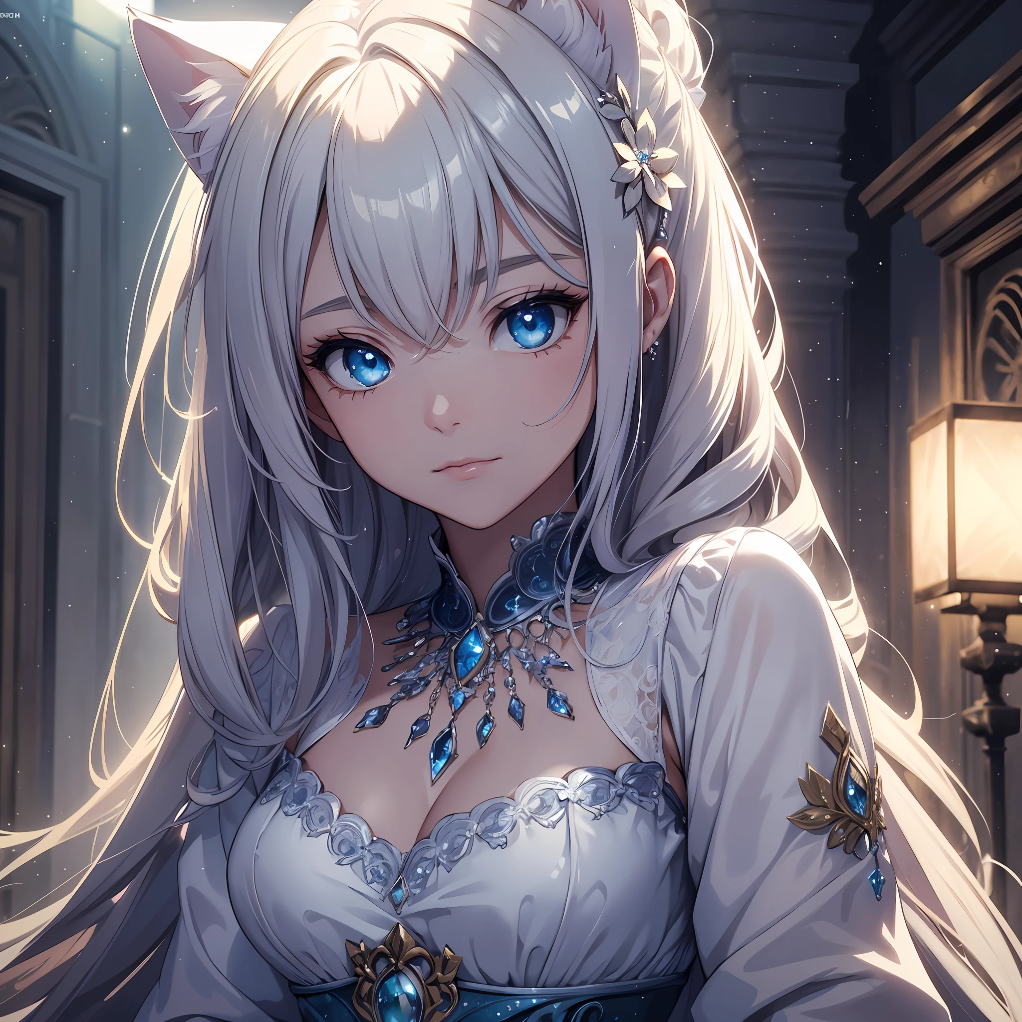 top quality, masterpiece, illustration, very delicate and beautiful, very detailed, cg , unity, 8k wallpaper, amazing, fine detail, masterpiece, best quality, official art, highly detailed cg unity 8k wallpaper, absurdity, incredibly absurd, ultra detailed, high resolution, highly detailed, detailed light, cinematic lighting, lens flare, light leakage, sunlight, glow, beautiful detailed glow, beautiful detailed girl, Highly detailed eyes and face, Beautiful detail eyes, M, illustration, (Very delicate and beautiful:1.2), cinematic angles,(Beautiful detail eyes:1.1), (Detail light:1.1),Movie lighting, Beautifully detailed sky, White long hair, (Blue eyes), (High ponytail:1.1), Glowing eyes, (Mon:1.2), (Moonlight:1.1), Starry sky, (Lighting particles:1.1), (Cat ears), Adult Woman, 1 girl