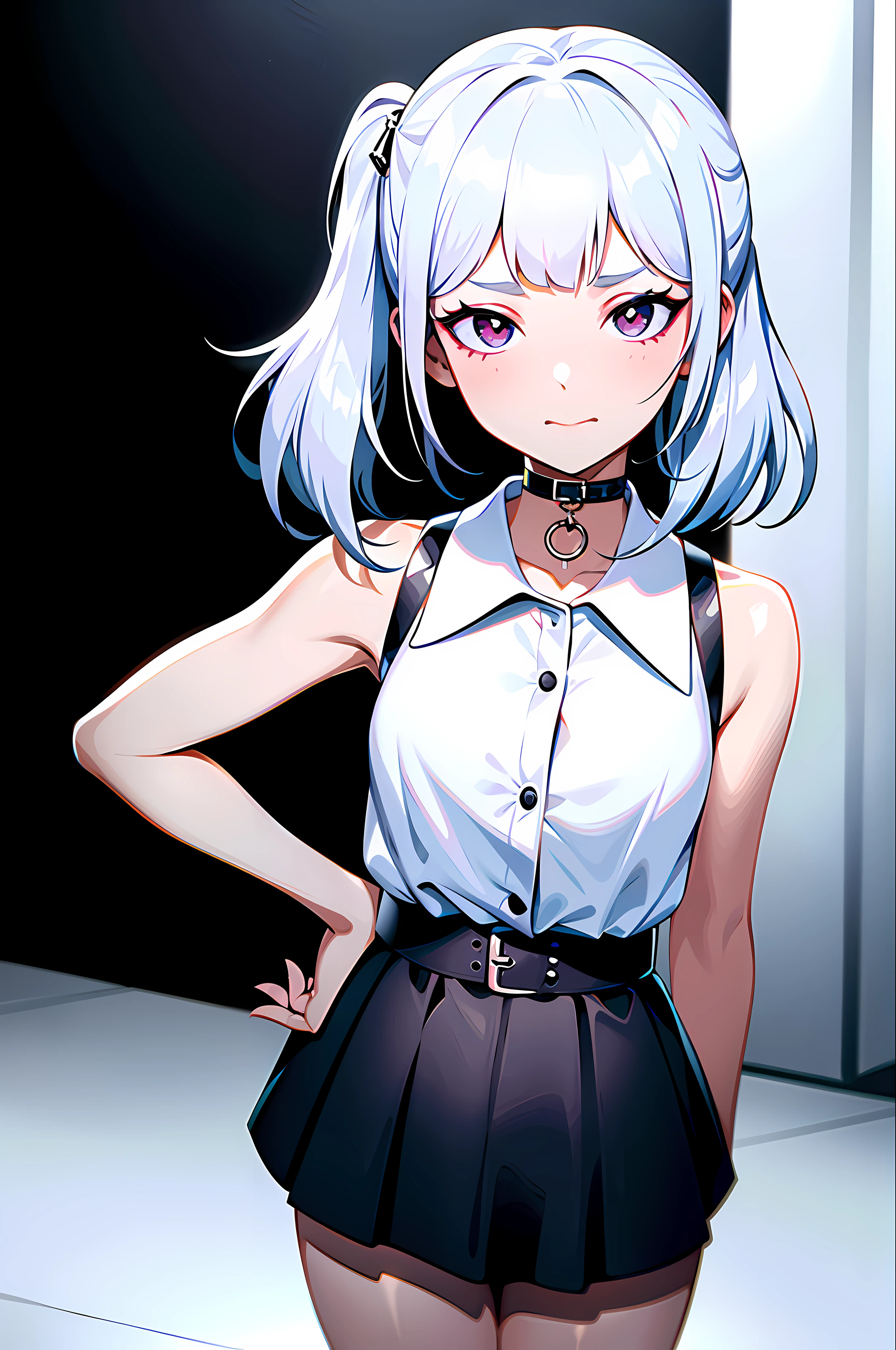 best quality, ultra high res, 1girl, sleeveless white button shirt, black skirt, black choker, cute, (Kpop idol), (aegyo sal:1), (platinum blonde hair:1), ((puffy eyes)), looking at viewer, full body, facing front