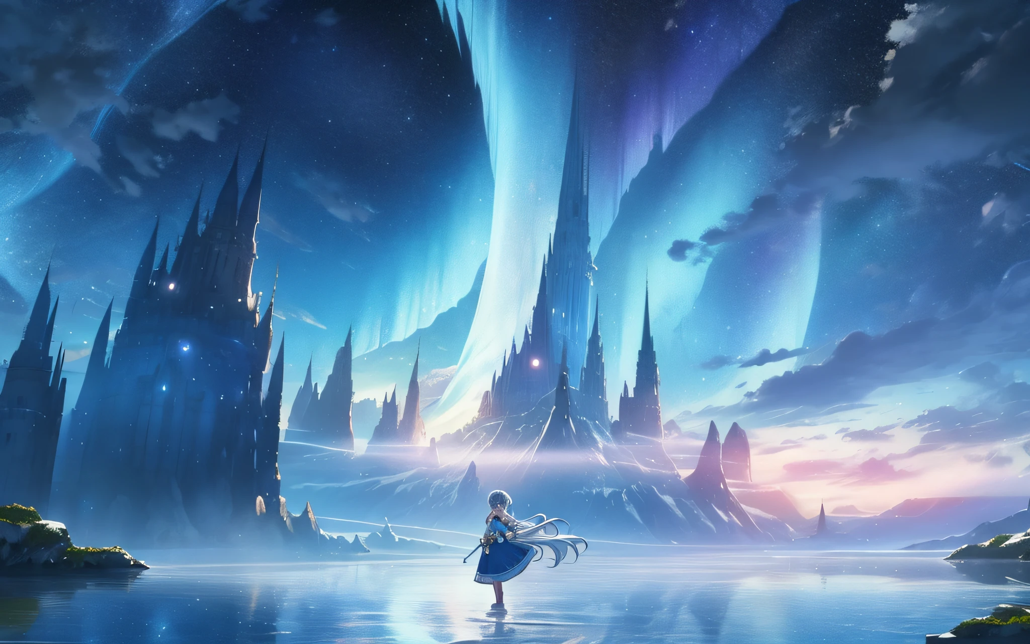 masterpiece, top quality, photorealistic, ultra-detailed, delicate, orderly, high detail, (cute), beautiful, majestic, shiny, shiny skin, bluish-silver ponytail, drooping iris heterochromatic iris, 15 years old, girl with a gentle smile, shy girl, slender,
A painting of stars and moons in the river and sky, concept art inspired by Tosa Mitsuoki, pixiv competition winner, best quality, fantasy art, beautiful anime scenes, a round of bright moon, starry sky environment under moonlight, icebergs floating in the sea, aurora, dream painting, anime background art, dream landscape art, fantastic night, anime background, background artwork, fantastic art, starry sky, detail enhancement.