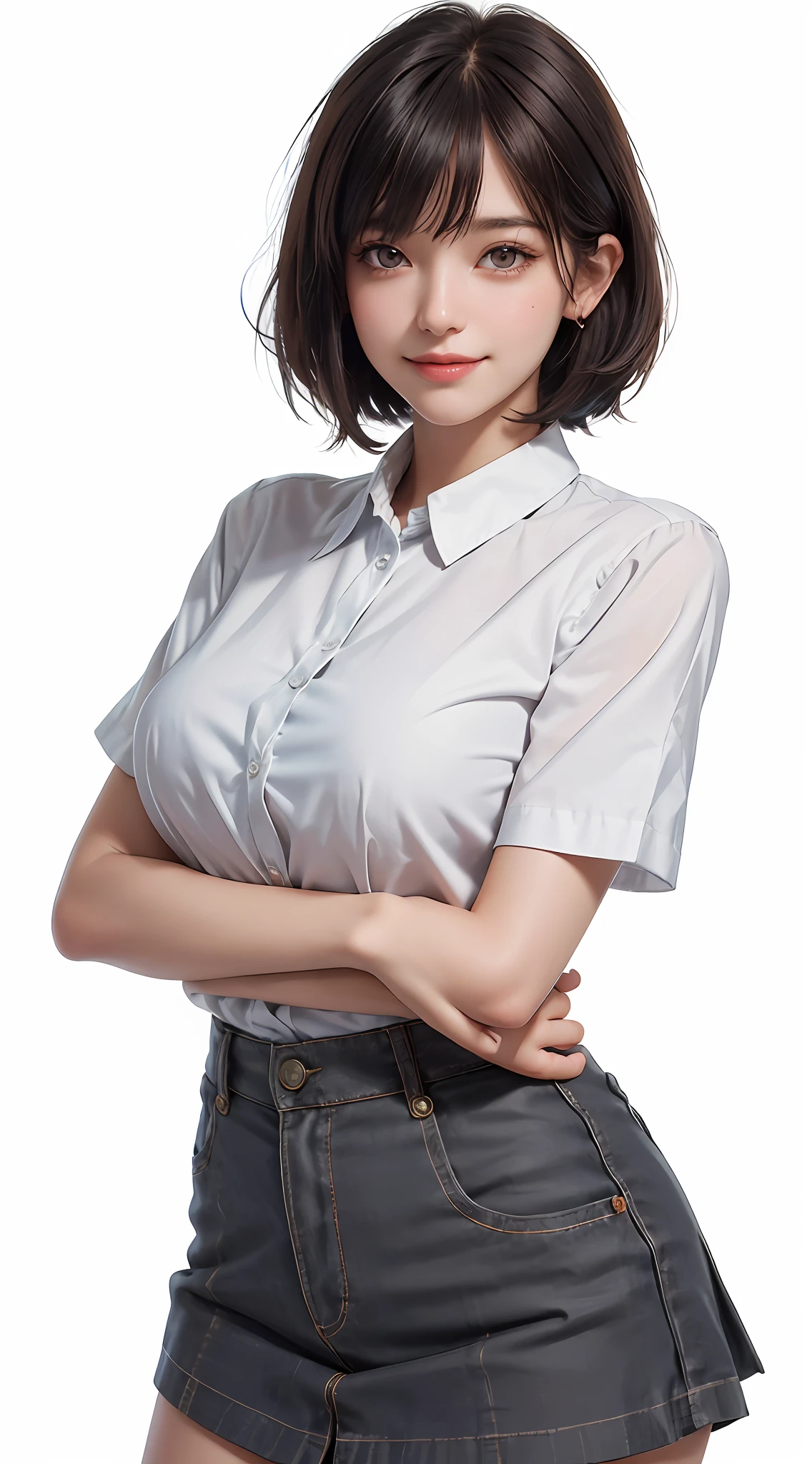 (Best Quality, 8k, Masterpiece: 1.3), Pretty Woman with Perfect Figure: 1.4, Dark Brown Hair, Wearing Pendant, Torn Shorts, Highly Detailed Face and Skin, Detailed Eyes, Double Eyelids, Best Quality, Masterpiece, (Photorealistic: 1.4), One Woman, Golden Ratio, Upper Eyes, Perfect Face, Beautiful Figure, Pretty Face, Zoom in on Face, Short Bob, Short Hair, Smile from different angles, smile, gloss, highlight, gloss, glossy on skin, bangs, cute smile, teeth, bust, refreshing charm, elegant, perfect hands, smile, shiny, glossy skin, bangs, refreshing charm, ears, gaze to the camera, poses at different angles, masterpiece, top quality, (fidelity, fidelity: 1.37), 8k, very sophisticated and beautiful, stunning, fine detailsRidiculous, huge file size, very detailed, beautiful detailed woman, very detailed eyes and face, beautiful detailed eyes, clear double, big eyes, light on face, one woman, gray hair, (perfect female figure), thin waist, (charming monkey: 1), full body, uniform, plaid skirt, collared shirt, bangs, short bob hair, skin luster, female expression, Smiling, overwhelming charm, ears, no lights, white background, light background, gloss on skin, gloss on face, gloss on chest, 2 arms, 5 fingers, very fine arms, very fine hands