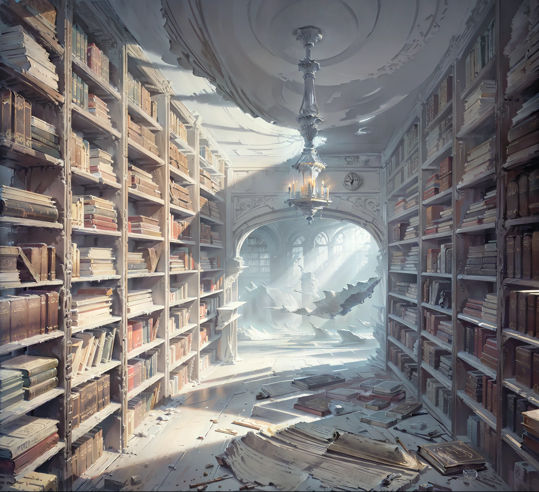 floating library in an empty and white environment classic, books, old library, polished wood, book buckle, be hooded with the gray cover covering the whole body in a ghostly way, high quality, painting, cereal drawing, atmospheric, cold light