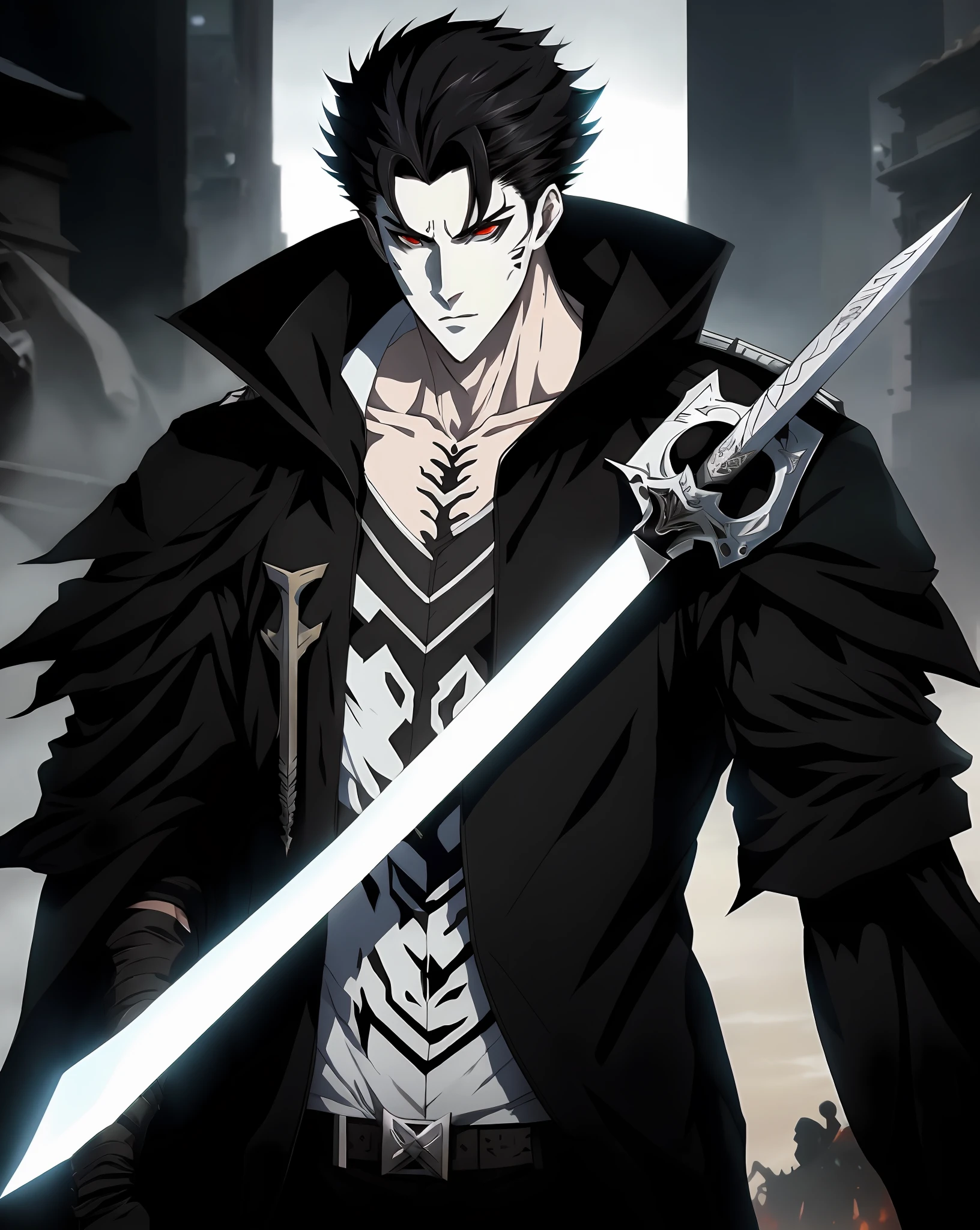 anime character with black hair and white face holding a sword, albedo from the anime overlord, artwork in the style of guweiz, in the anime series ergo proxy, handsome guy in demon slayer art, in the anime film ergo proxy, albedo from overlord, guweiz, male anime character