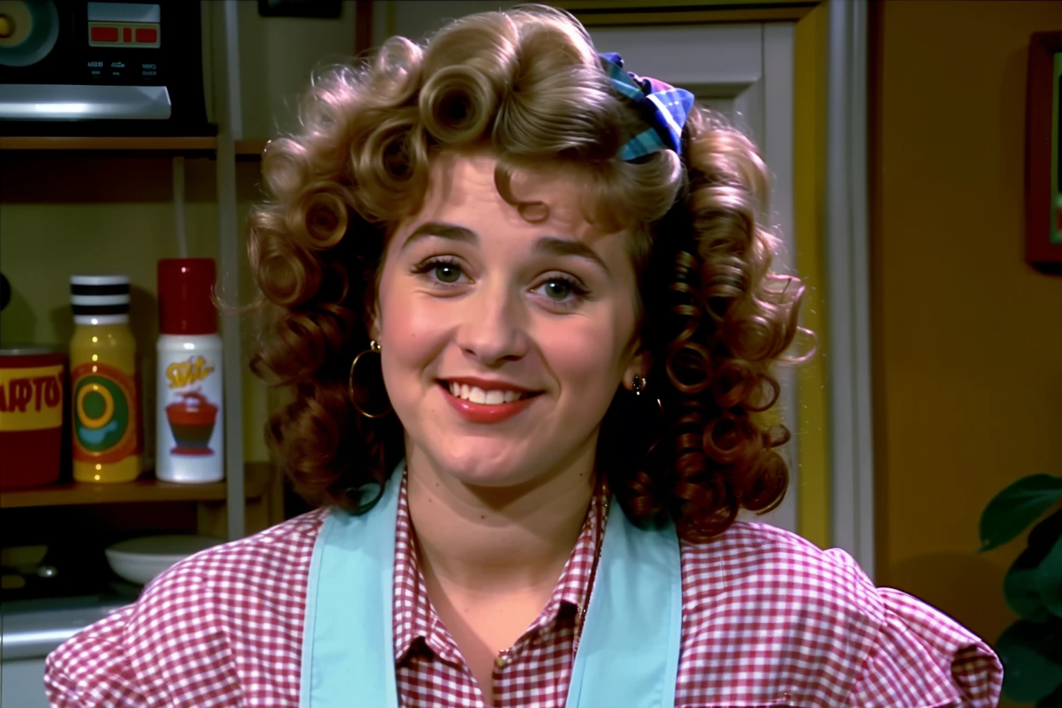 vhs screengrab, shot on a broadcast camera, a live-action 80’s sitcom featuring a woman (20 years old:1.5), (hair curlers:1.2), plaid dress, apron,woman scene head diagonally, indoor house background. Reference: friends, Seinfeld, Full house.