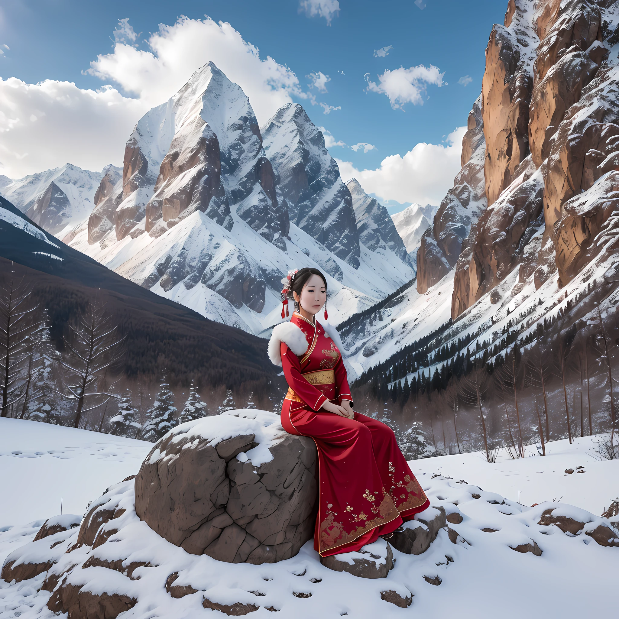There is a woman in a red dress sitting on a stone, behind her in the distance is a snowy mountain, woman chest and thighs long ass round, traditional clothing, Chinese traditional clothing, photo with Nikon D750, clear face, HD photo, blue sky and white clouds snow mountain --auto --s2