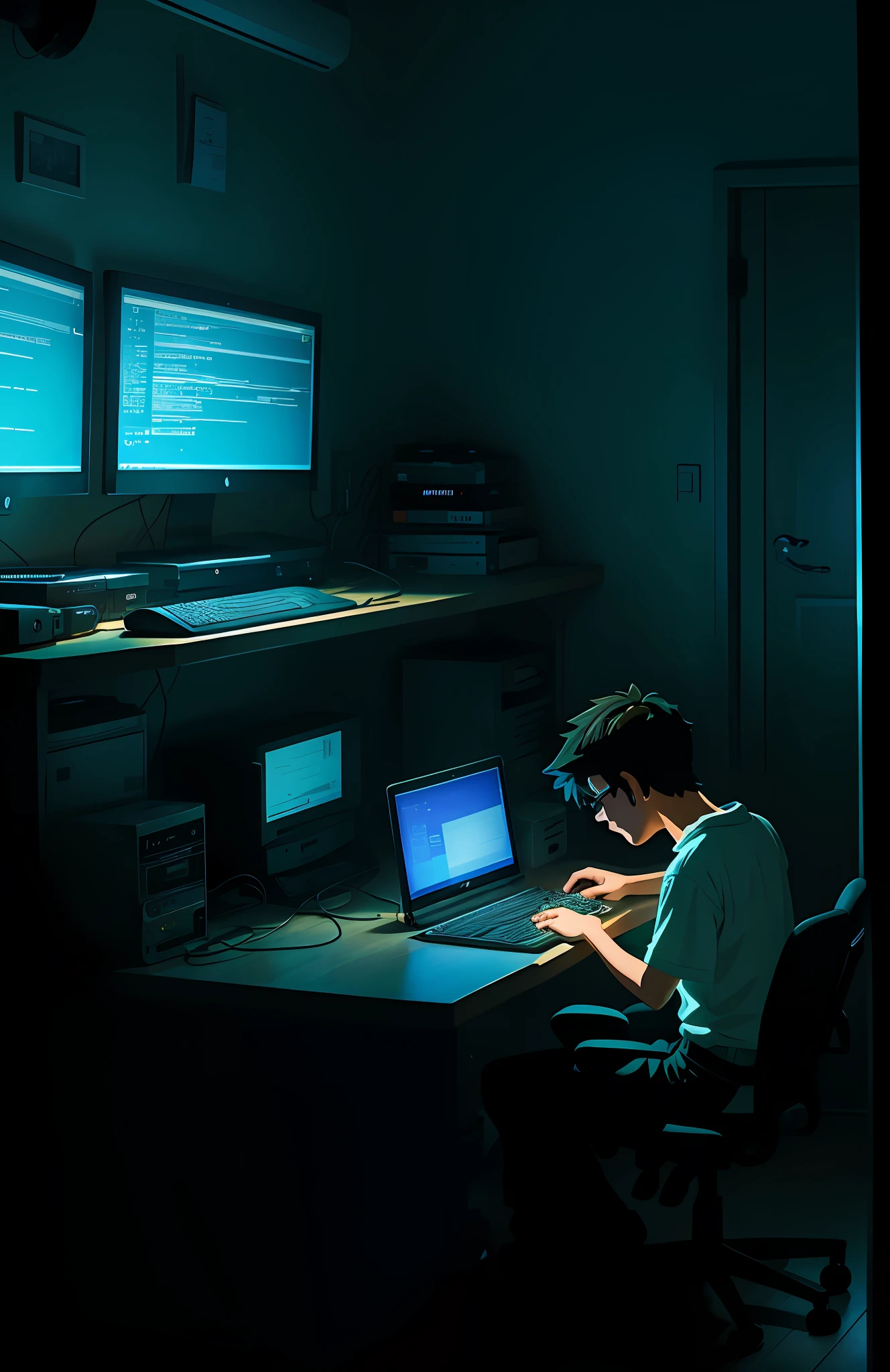 A nerdy ??? is programming on a computer in a room full of gadgets, using two monitors, by Makoto Shinkai and Ghibli Studio, neon lighting, highly detailed, amazing quality, dark room, neon smoke under the table
