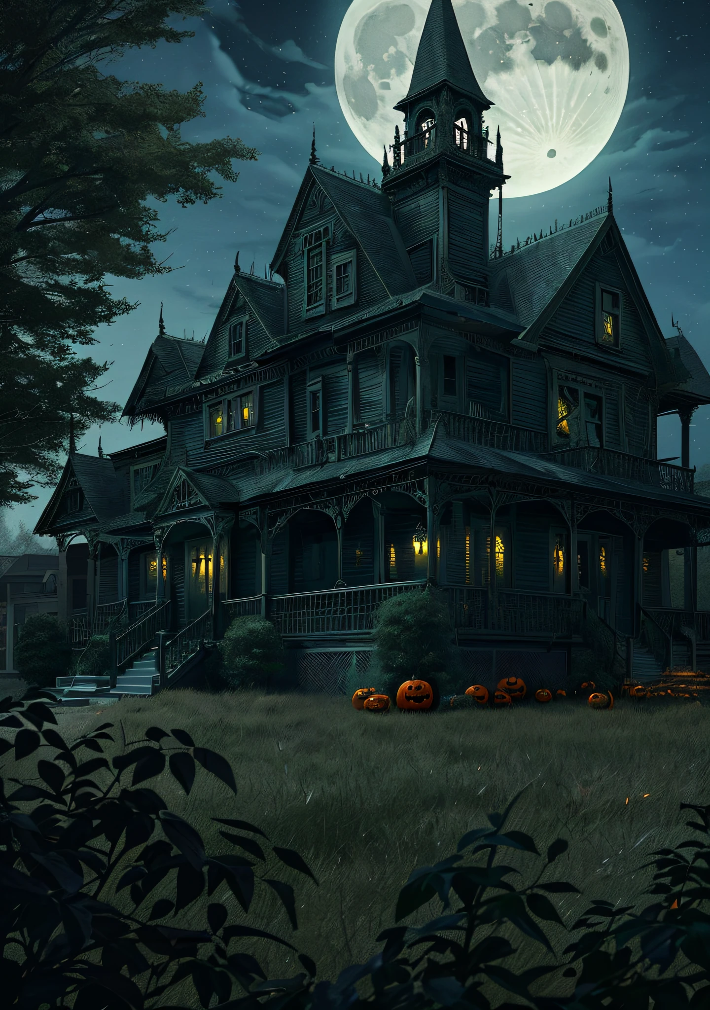 an exterior shot of a haunted house, night, halloween, spooky, mystical energy in the air, (night:1.5), full moon