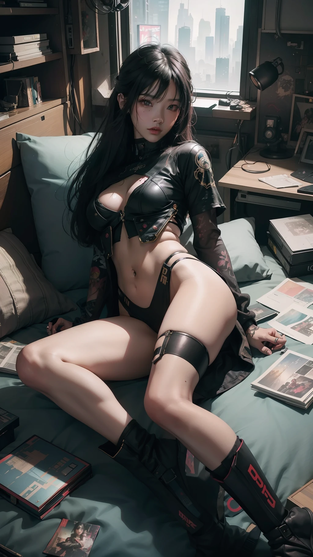 Beautiful hyperrealistic photograph of cute asian cyberpunk girl, lying on bed, wearing cyberpunk clothes, cluttered Blade Runner apartment, concept art, By Brian Froud and Carne Griffiths and Wadim Kashin and John William Waterhouse, intricate detail, 8k post-production, High resolution, super Detail, trending on ArtStation, sharp focus, studio photos, intricate detail