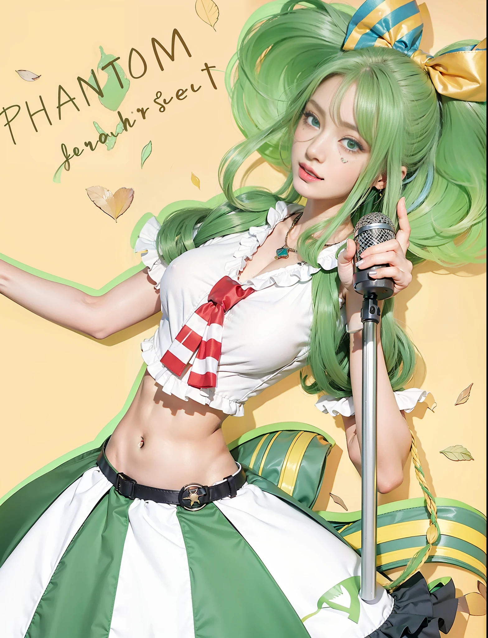 (female:1.2) (bodybuilder:0.8), hyper realistic, masterpiece, photorealistic, real skin, detailed face, detailed skin, detailed lighting, 1girl, (green eyes), long hair, curly hair, green hair, (yellow gradient hair) , half hair, multiple colour hair, hair bow, large breasts, midriff, navel, smile, open mouth, skirt, frills, holding microphone, necktie, solo