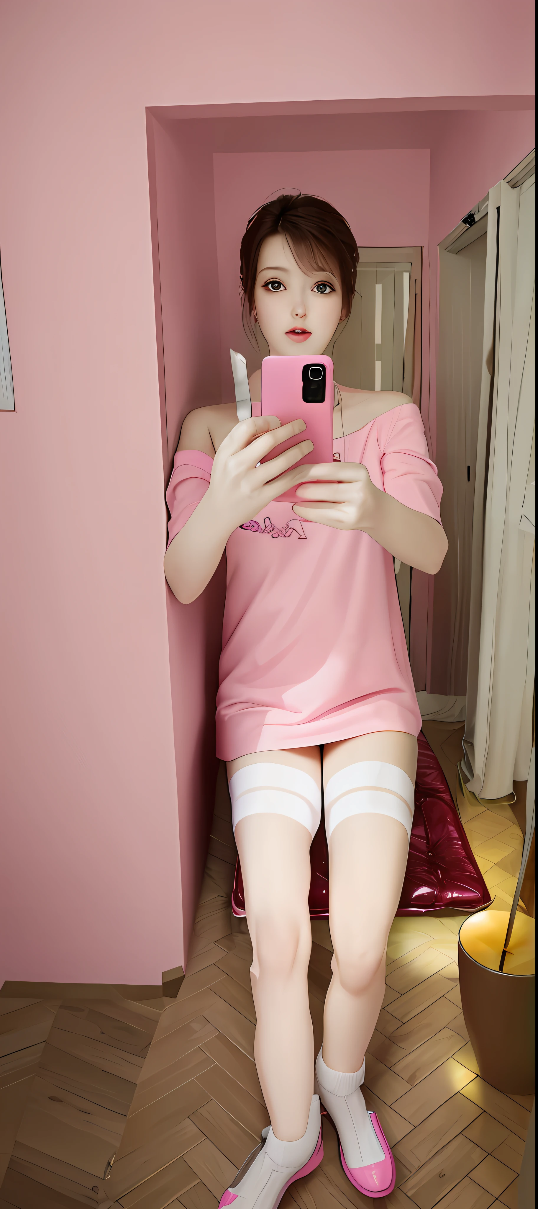 Best Quality 8k Beautiful Girl Lying on her back on a large bed in pink underwear Short Cuts Slender Slender
