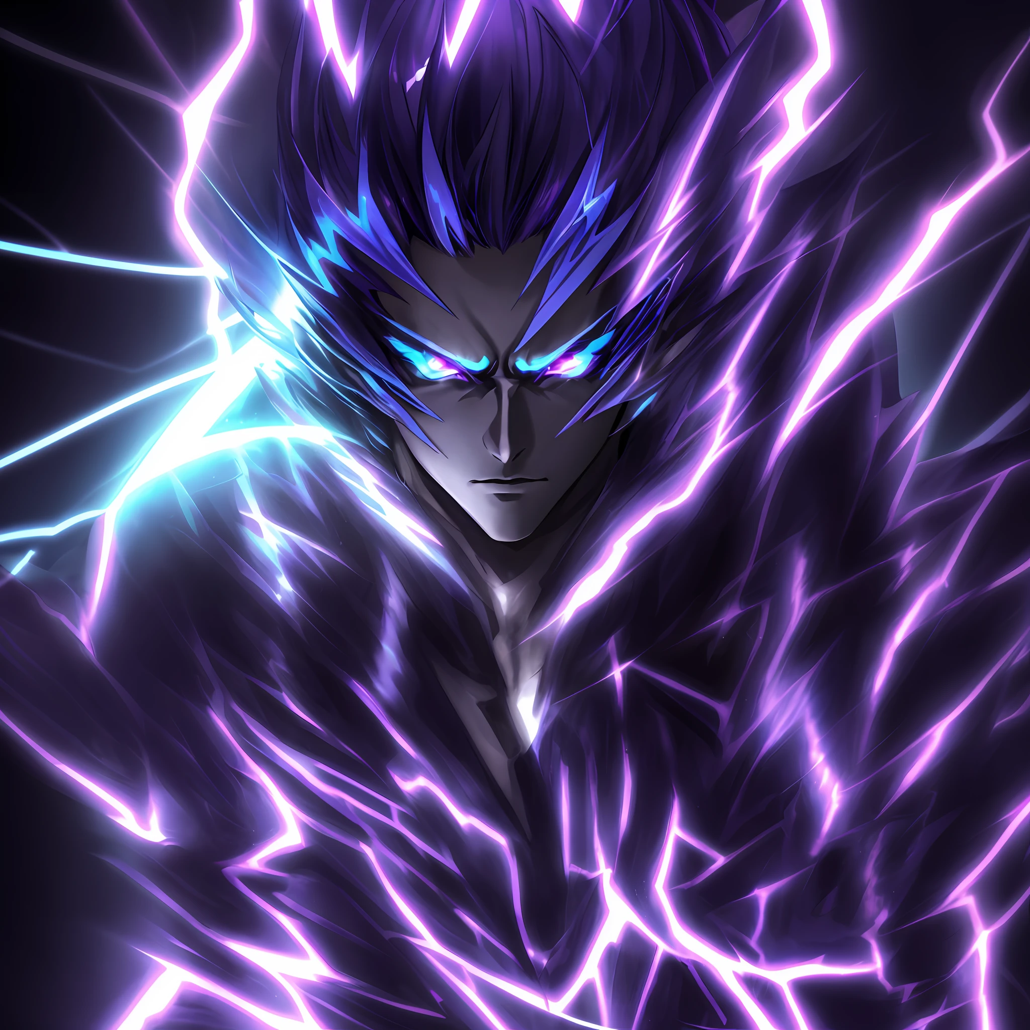a close-up of a person with a purple and blue background full of lightning, glowing black aura, evil aura, 8k anime, an epic anime of a being with lightning powers, epic anime style, menacing aura, aura of darkness, evolving into his final form, glowing power aura, cosmic power glowing and flourishing, many lightning bolts surrounding the character