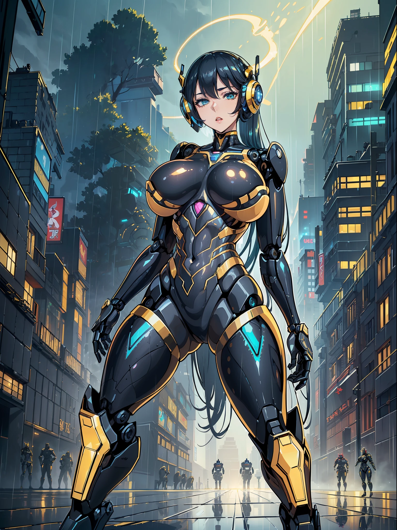 ((full body):1.5)  ({1/woman}:1.3): wearing black wick suit with golden parts ((extremely tight on body):1.5), ((has extremely large breasts):1.5), has very short blue hair very slick, green eyes, ((looking at the viewer doing sexual poses standing up):1.3), red lipstick on his mouth, holding futuristic weapons. In a futuristic city, at night, raining hard ((with metallic robots):1.3) behind only {1/woman}, Hyperrealism, 16k, masterpiece, anatomically correct, award winning, ((best quality, high quality):1.5), high details, UHD