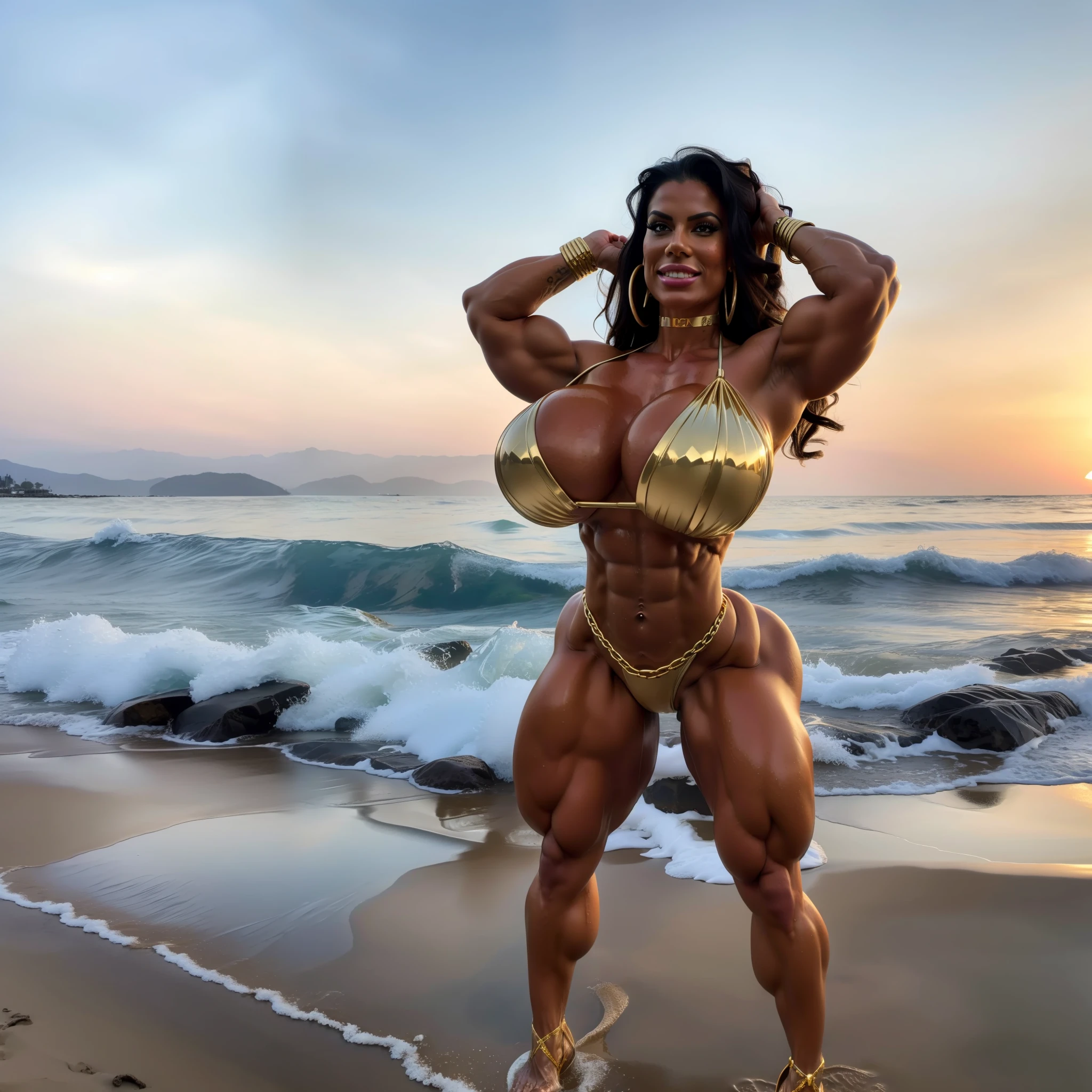 colossal size, muscular, 30 year old woman in hot spring, full body shot, siting, black nails aryan, strong face, winter, steam, skin details, vescular muscle, face freckles, dark eyes, looking in camera, gargantuan tan, sweated skin, ultra details skin, skin texture, freakles insane lips, black short hair, black hair, dark hair, mountains background, 8k, ultra details, hyper muscular, milf, thick, wide hip, massive boobs, mucular thigh, colossal woman, amazon, titanic muscle, oversized breasts, white fur bikini, jewelry, giant earrings, hoop earring, vascular muscle, jacuzzi, armor bikini, muscle details, hyper detailed muscle, abs, ultrarealistic, photorealisticl, fur chocker, scandenevian, golden braclets on feet, golden chain on waist, golden braclets on hands, piercing belly button., fur panties, massive ass, humongus ass, insane ass, bimbo lips, humongus lips, muscular calves, dark eyes, black pupils. heavy boobs, sweat skin, sweat, barbarick. wild,solo, beautiful young Mayan woman, extremely muscular female physique, incredibly large heavy breasts expansion, bigger breast growth, big bicep muscles, big bulging pectoral muscles chest, thunder thighs, female muscle growth, women heavy physique, massive bulging muscular quads, caramel skin, Latina skin tone, golden earrings, gold bracelets, gold rings, gold choker, indigenous Latina Mexican woman, wearing bikini, skintight bikini, stretched sundress, detailed pretty face, beautiful female faces, extremely gorgeous women, cute feminine face, overly developed muscular physique, Latina mom, straight hair, smooth silk hair, straight hair brushed back, at the beach, sunset beach, beach sunset, kissing, kiss lips, running, jogging, leap, leaping, dynamic pose, dynamic movement body, body movement, wide smile, smug smile, smily face, fishing, looking in distance, holding fish!!