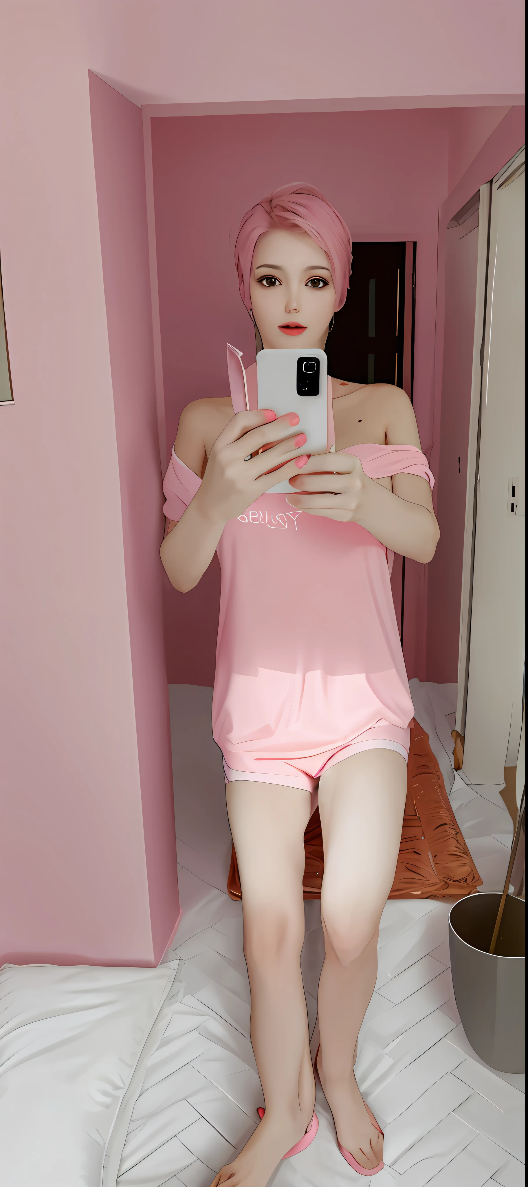 Best Quality 8k Beautiful Girl Lying on her back on a large bed in pink underwear Short Cuts Slender Slender