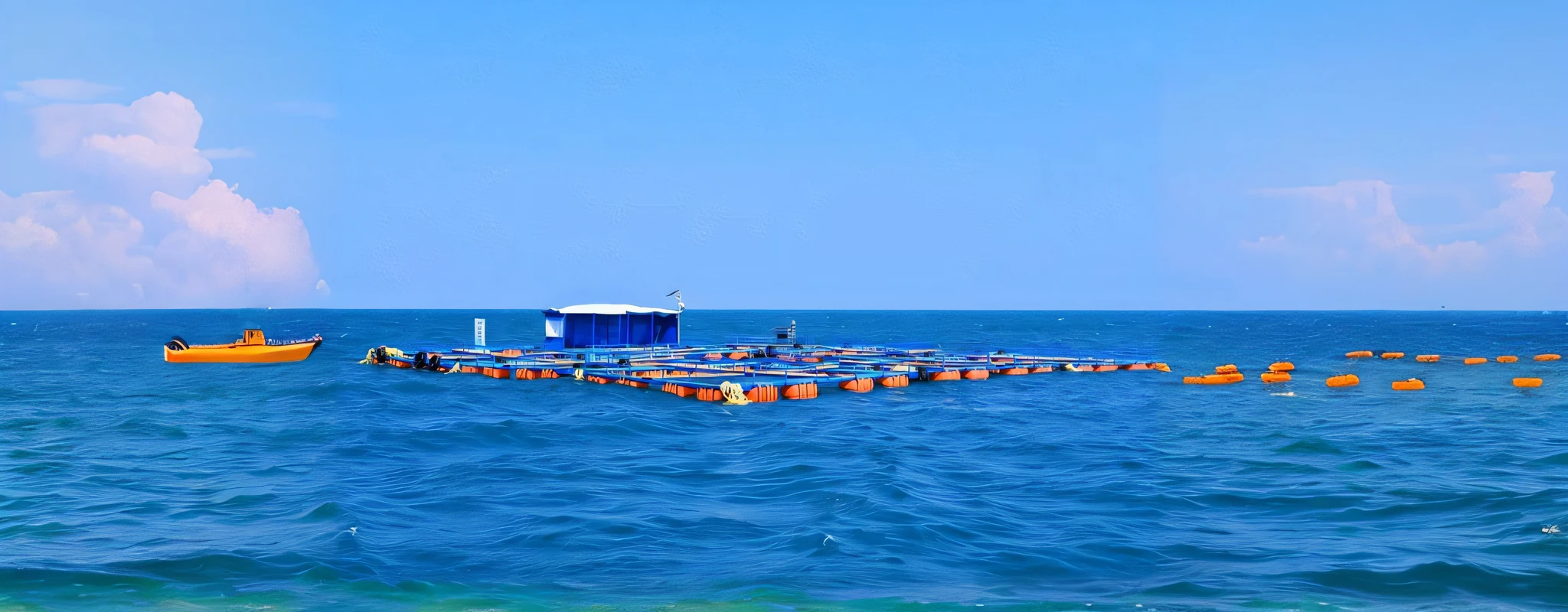there are many orange buoys floating in the ocean on a sunny day, see fishes swimming, queen of the sea mu yanling, sublittoral jellyfish schools, in the middle of the ocean!!!!!, floating power cables, fish flocks, view from the sea, photo of the middle of the ocean, floats underwater in the sea, fishing village, fishes swimming