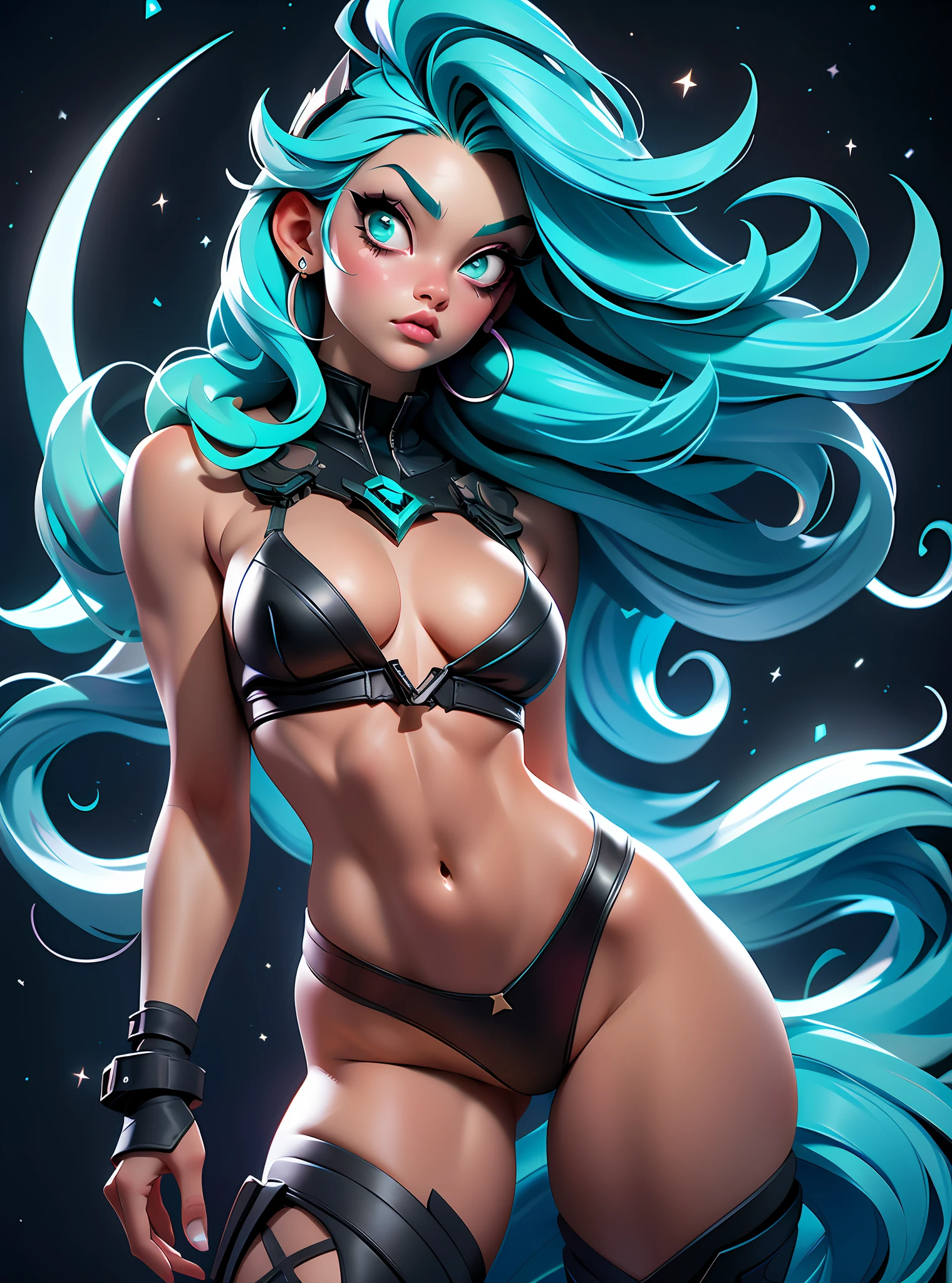 ((Best Quality)), ((Masterpiece)), ((Realistic)) and ultra-detailed photography of a girl with goth colors. She has ((turquoise hair)), wears a (small black micro-thong, black micro-bikini:star motif ) , ((beautiful and aesthetic)), muscular fit body abs, sexy, under-boobs, hot, (clear star filled sky background)
(clear background:1.35), (particles ,firefly, blue glowing):1.3,