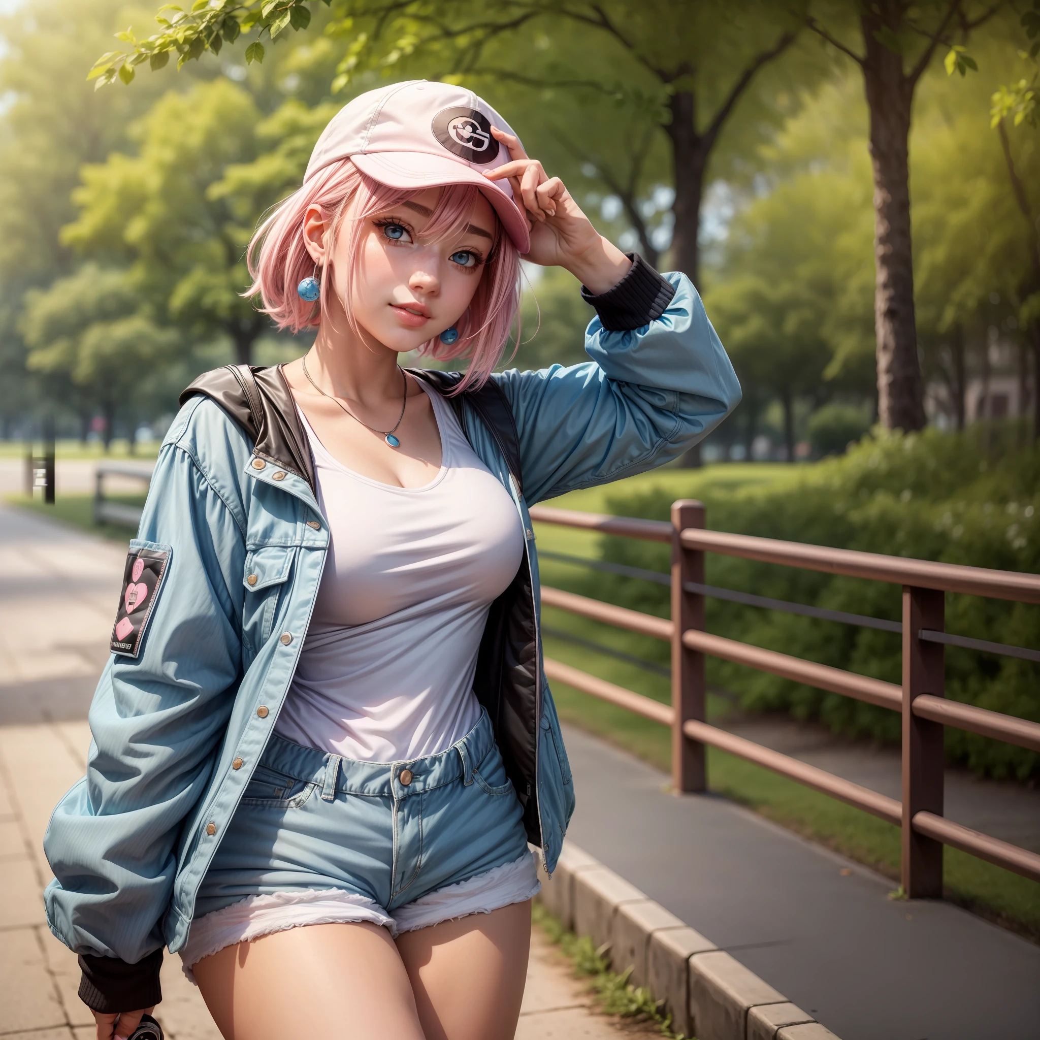 bust art of a cute anime girl, 1girl, mid 20s, c-cup breasts, shoulder length pink hair, straight hair, (dark blue eyes), (white and black baseball cap), (light blue jacket), (pink and white romper), walking in the park, park scenery, cute face, beautiful smile, pokemon girl, full lips, pink lipstick, glossy lips, 8K, masterpiece, detailed, high quality