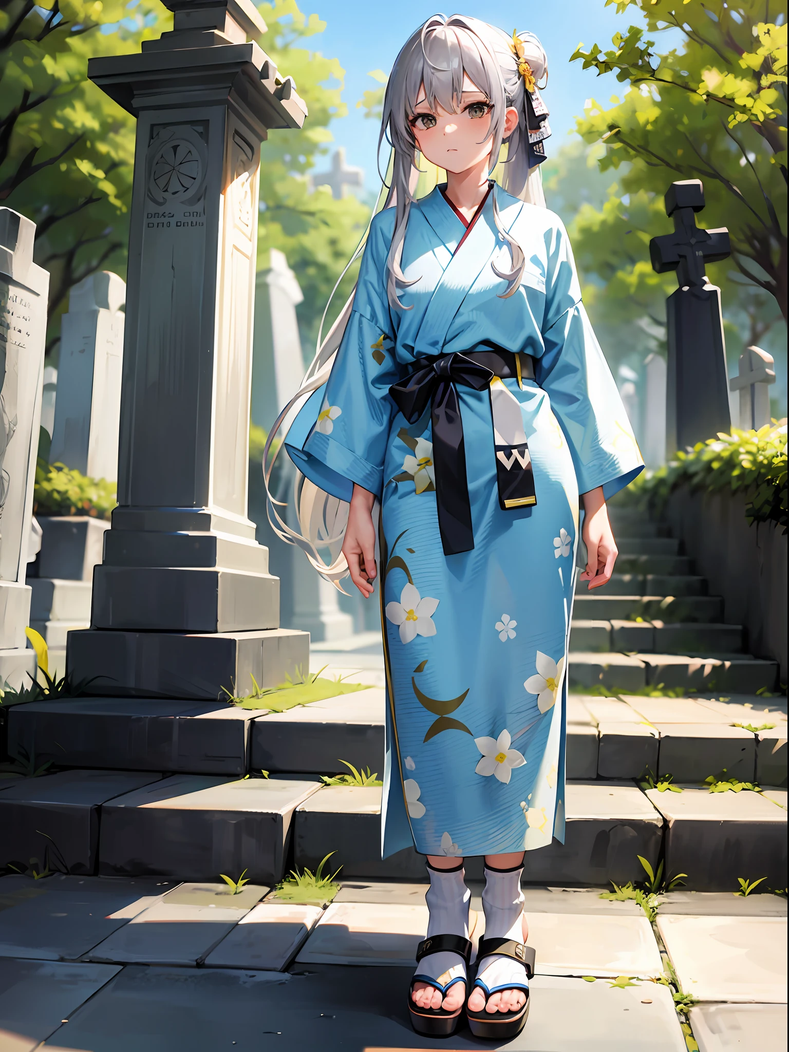 Semi-long silver hair, light blue yukata, yellow and black checkered belt, tabi socks, sandals, cemetery
