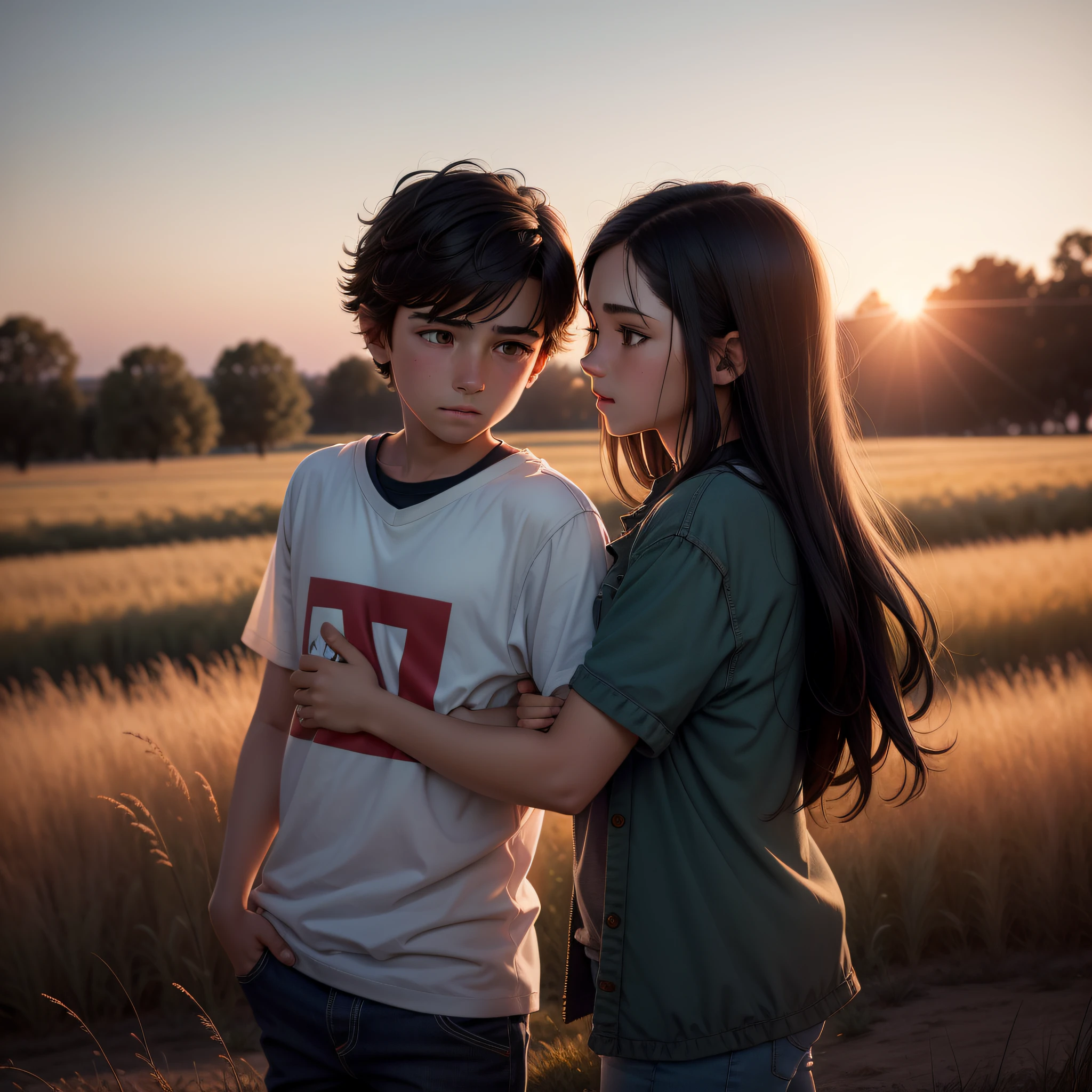 13 year old boy and girl hugging, sunset in a field, boy with short brown hair, girl with long black hair, Realism, Hyperrealism, cinematic lighting, motion blur, ray tracing, from outside, 1080P