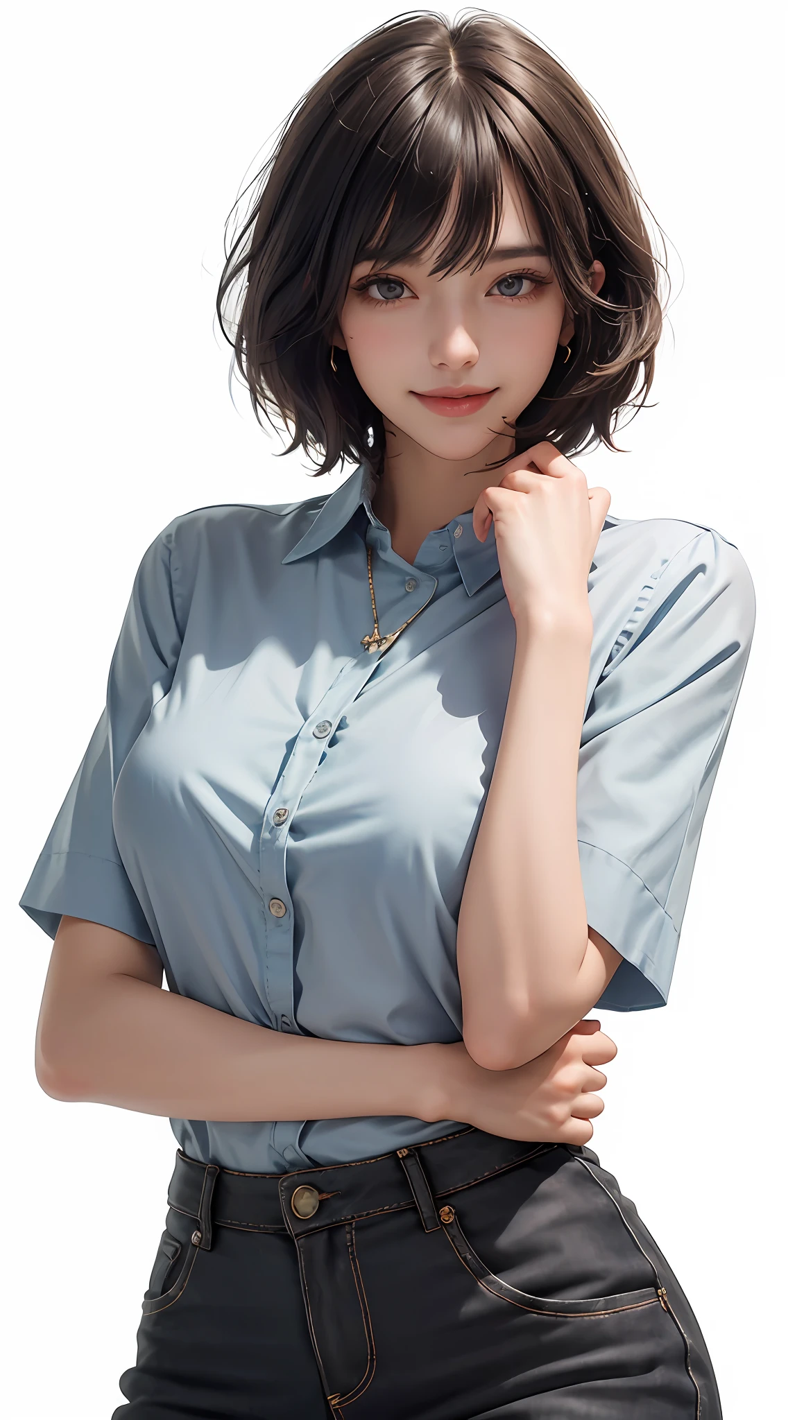 (Best Quality, 8k, Masterpiece: 1.3), Pretty Woman with Perfect Figure: 1.4, Dark Brown Hair, Wearing Pendant, Torn Shorts, Highly Detailed Face and Skin, Detailed Eyes, Double Eyelids, Best Quality, Masterpiece, (Photorealistic: 1.4), One Woman, Golden Ratio, Upper Eyes, Perfect Face, Beautiful Figure, Pretty Face, Zoom in on Face, Short Bob, Short Hair, Smile from different angles, smile, gloss, highlight, gloss, glossy on skin, bangs, cute smile, teeth, bust, refreshing charm, elegant, perfect hands, smile, shiny, glossy skin, bangs, refreshing charm, ears, gaze to the camera, poses at different angles, masterpiece, top quality, (fidelity, fidelity: 1.37), 8k, very sophisticated and beautiful, stunning, fine detailsRidiculous, huge file size, very detailed, beautiful detailed woman, very detailed eyes and face, beautiful detailed eyes, clear double, big eyes, light on face, one woman, gray hair, (perfect female figure), thin waist, (charming monkey: 1), full body, uniform, plaid skirt, collared shirt, bangs, short bob hair, skin luster, female expression, Smiling, overwhelming charm, ears, no lights, white background, light background, gloss on skin, gloss on face, gloss on chest, 2 arms, 5 fingers, very fine arms, very fine hands