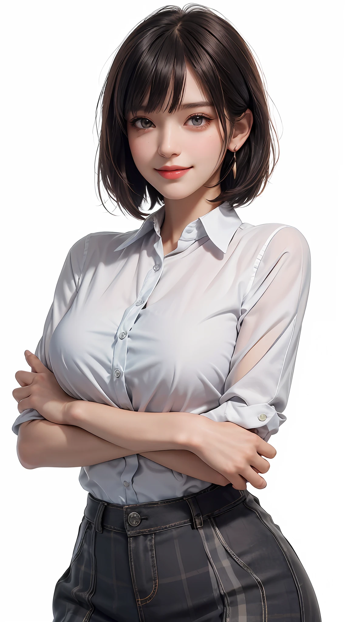 (Best Quality, 8k, Masterpiece: 1.3), Pretty Woman with Perfect Figure: 1.4, Dark Brown Hair, Wearing Pendant, Torn Shorts, Highly Detailed Face and Skin, Detailed Eyes, Double Eyelids, Best Quality, Masterpiece, (Photorealistic: 1.4), One Woman, Golden Ratio, Upper Eyes, Perfect Face, Beautiful Figure, Pretty Face, Zoom in on Face, Short Bob, Short Hair, Smile from different angles, smile, gloss, highlight, gloss, glossy on skin, bangs, cute smile, teeth, bust, refreshing charm, elegant, perfect hands, smile, shiny, glossy skin, bangs, refreshing charm, ears, gaze to the camera, poses at different angles, masterpiece, top quality, (fidelity, fidelity: 1.37), 8k, very sophisticated and beautiful, stunning, fine detailsRidiculous, huge file size, very detailed, beautiful detailed woman, very detailed eyes and face, beautiful detailed eyes, clear double, big eyes, light on face, one woman, gray hair, (perfect female figure), thin waist, (charming monkey: 1), full body, uniform, plaid skirt, collared shirt, bangs, short bob hair, skin luster, female expression, Smiling, overwhelming charm, ears, no lights, white background, light background, gloss on skin, gloss on face, gloss on chest, 2 arms, 5 fingers, very fine arms, very fine hands