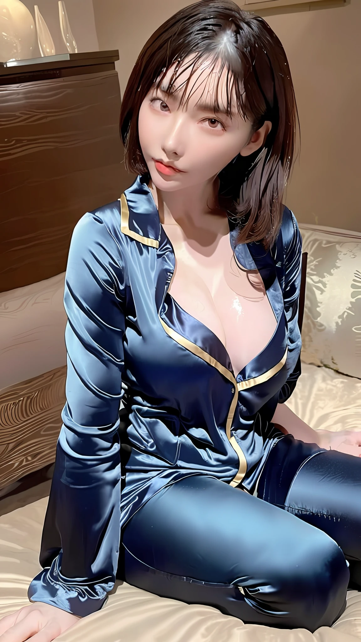Best quality, best image quality, highest resolution, super detailed, wearing satin pajamas, the material of satin pajamas is shiny, soft and smooth to the touch, no underwear is worn, Chest is C cup, Japan fashion model, full body shooting so that the face can also enter, the subject is alone, taken outdoors, soaking wet, sweaty,