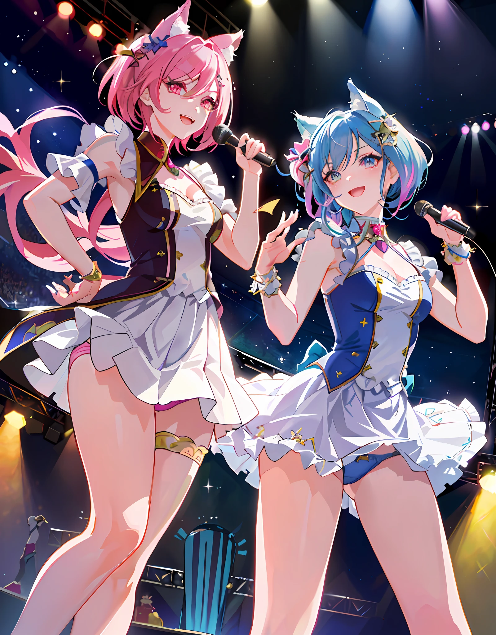Masterpiece, top quality, dynamic angle, (((Detailed eyes and detailed face: 1.2))))), ((((Perfect human hand, super detailed human 5 fingers)))), ((Perfect human foot)), upper body, 1 or 2 girls, smile, wolf ears, wolf tail, pink eyes, hair between eyes, (((wink)))), D cup, cleavage, striped hair, (((Colorful hair color: 1))))), ( ((Random hair color: 1))), variegated hairstyles: 1, twin tails, ultra-detailed gradient hair, idol costumes, professional designers, fashion leaders, ruffled dresses, love live, jewelry, backstage, best stage, climax, professional stage, (((Sing emotionally with the microphone in your left hand, overflowing emotions, best smile))), singer, vocalist: 1, Idol, Diva, Professional Stage, Professional Lighting, Live Lighting, Distract Your Gaze, Fan Service: 1, ((Satellite photo seen from the audience)))), ((((Panchira, cute panties))))