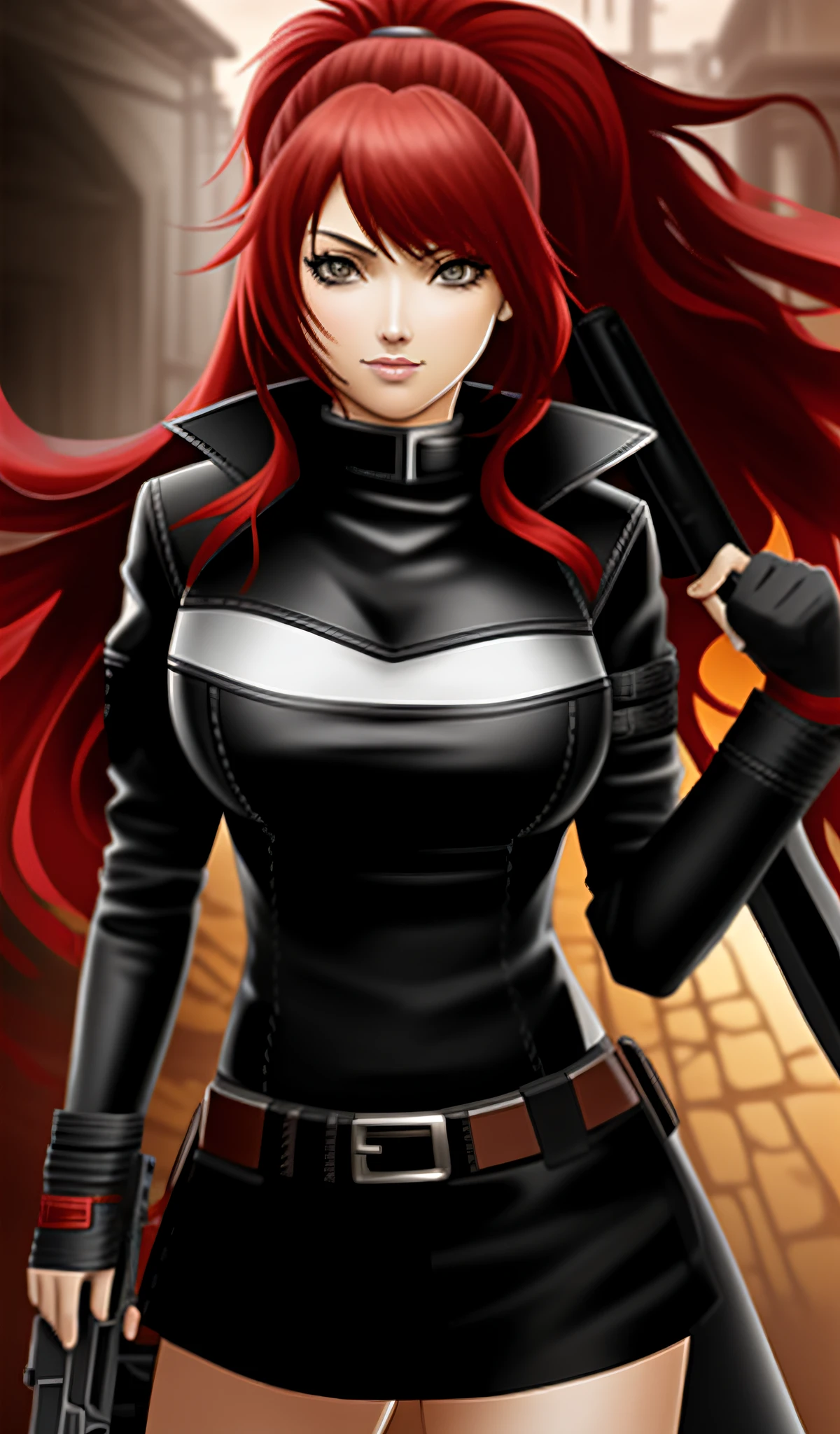 anime girl with red hair and leather outfit holding a gun, katarina from league of legends, rogue anime girl, portrait ninja gaiden girl, marin kitagawa fanart, katarina, extremely detailed artgerm, detailed anime character art, portrait of a female anime hero, female rouge assassin, female assassin, female anime character, made with anime painter studio