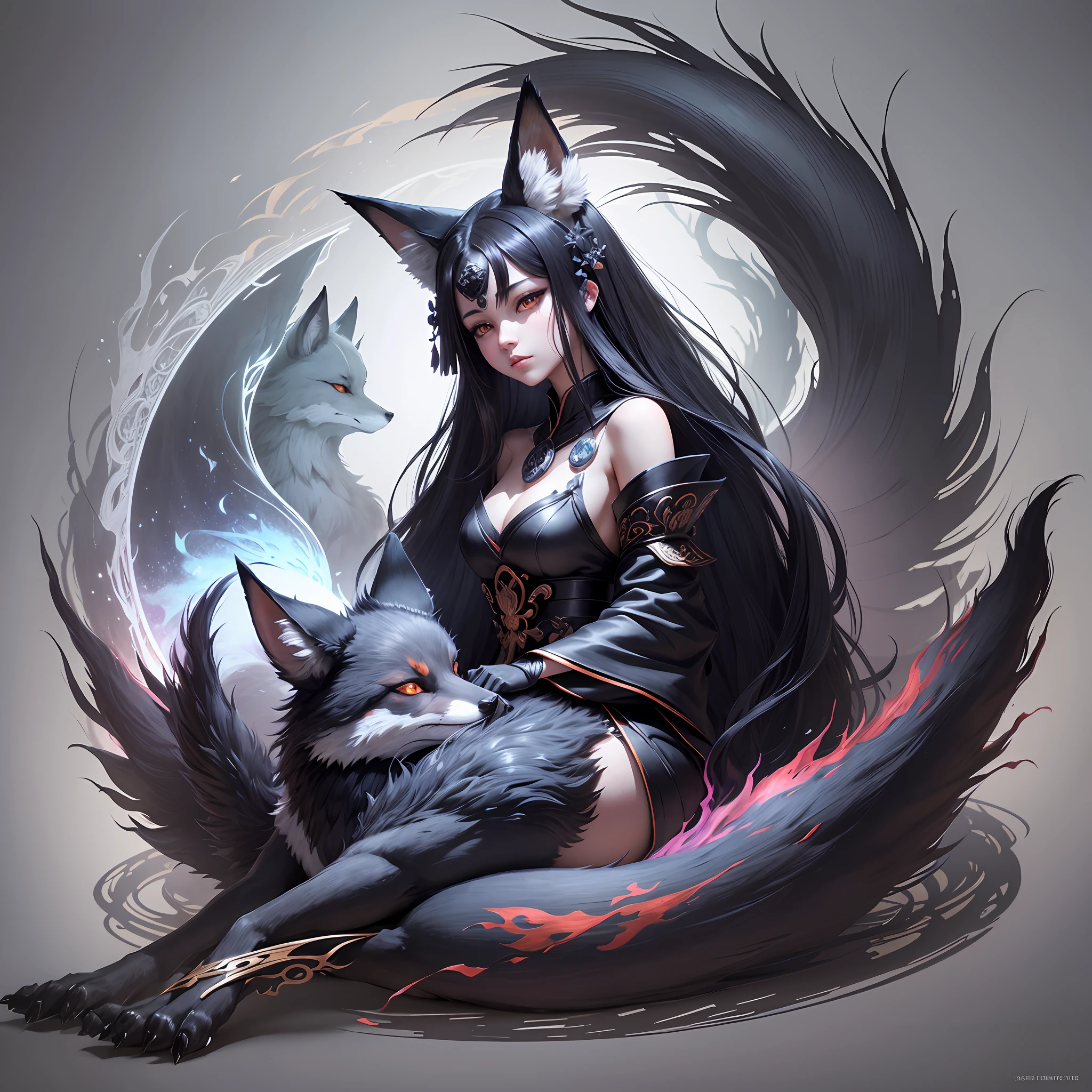 Drawing of a fox with black hair sitting on a branch, ethereal fox, nine-tailed fox, fox three-tailed fox, onmyoji detailed art, nine-tailed, beautiful artwork illustration, mythological creature, fox, beautiful Digital artwork, exquisite digital illustrations, mizutsune, inspired by mythical creatures Wildnet, digital art on pixiv, strong light, high contrast, horror movie theme, dark atmosphere --auto --s2